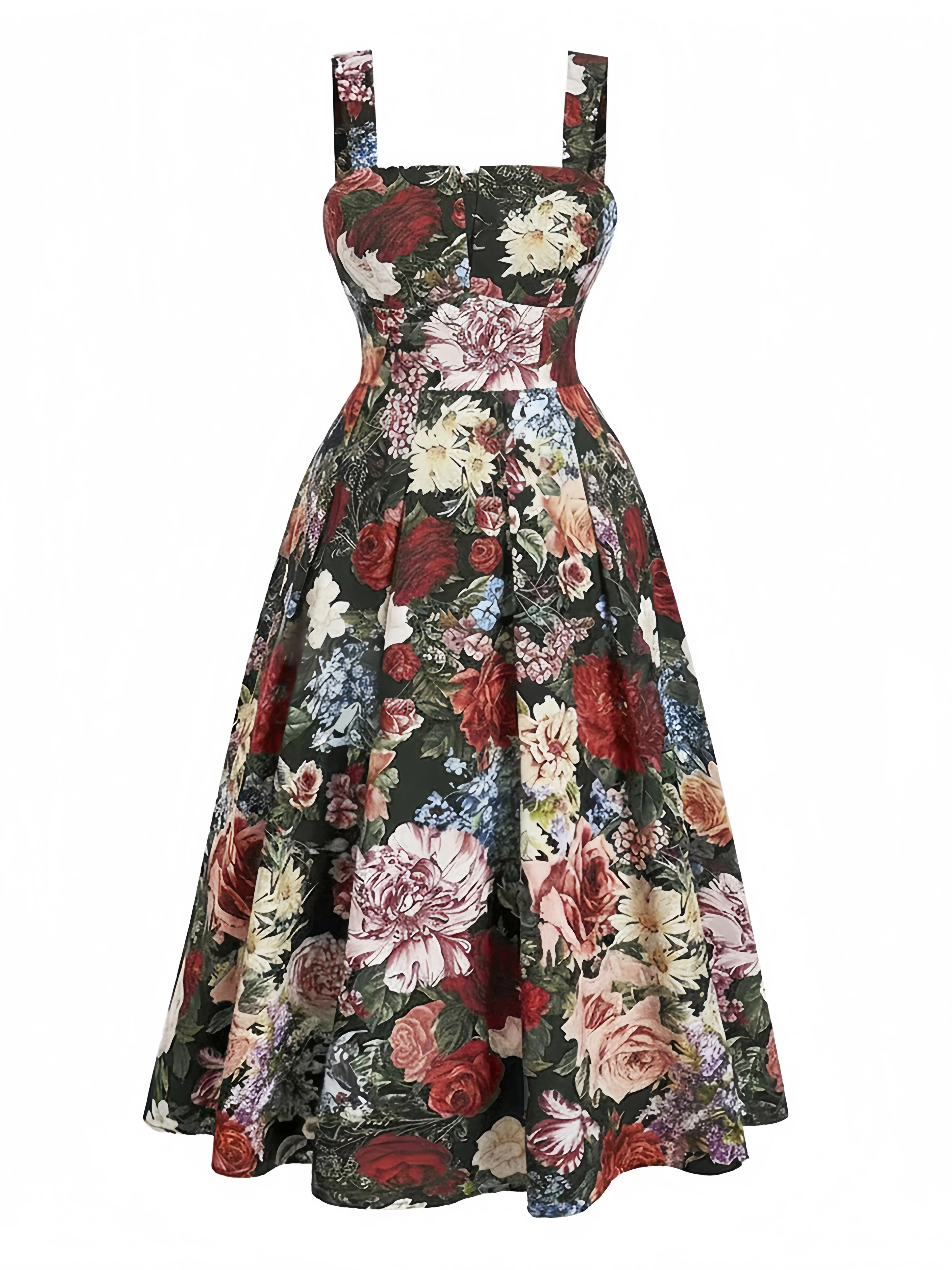 [Plus Size] Dark Green 1960s Rose Square Neck Swing Dress - Image 2