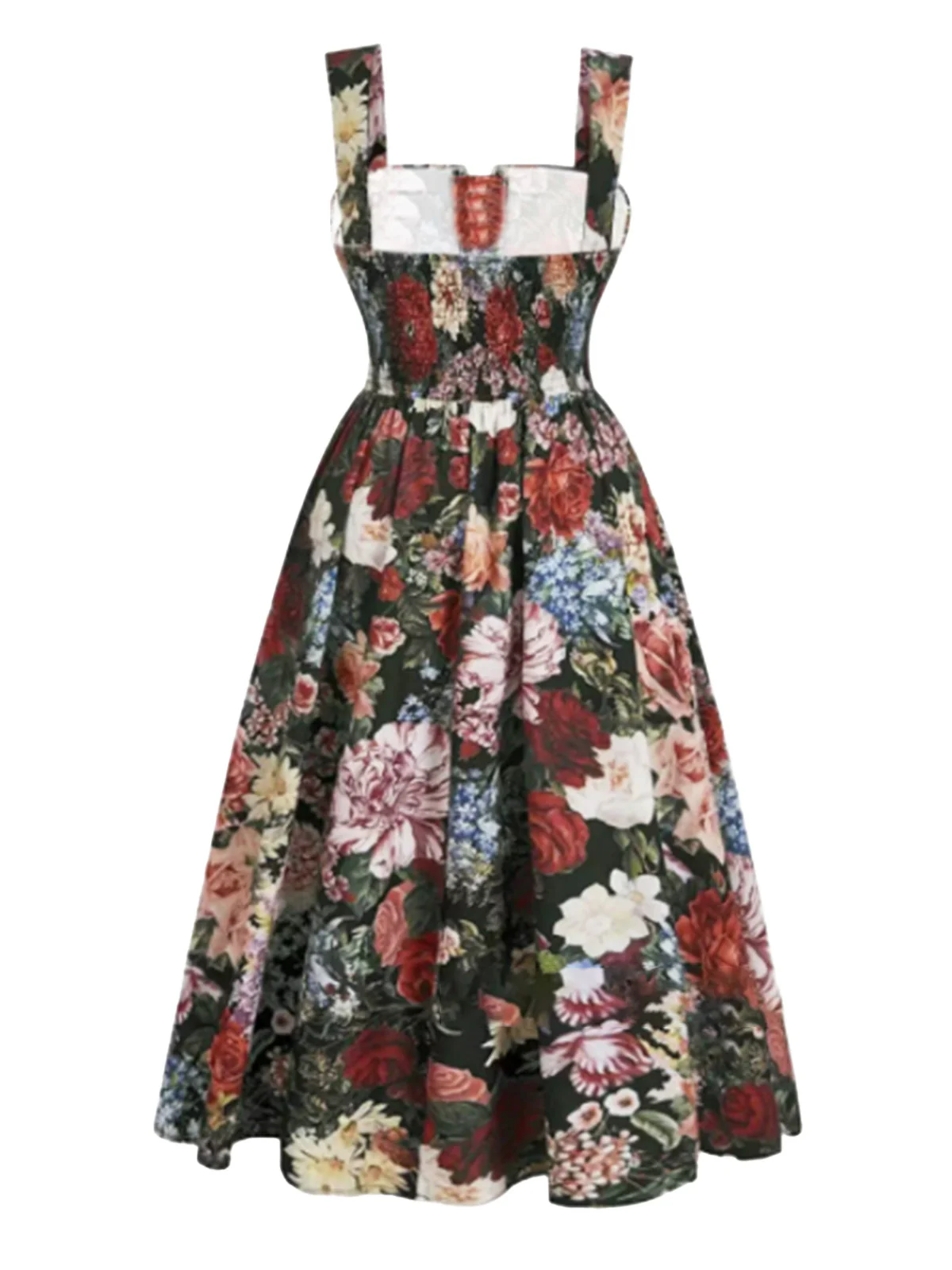 [Plus Size] Dark Green 1960s Rose Square Neck Swing Dress - Image 3
