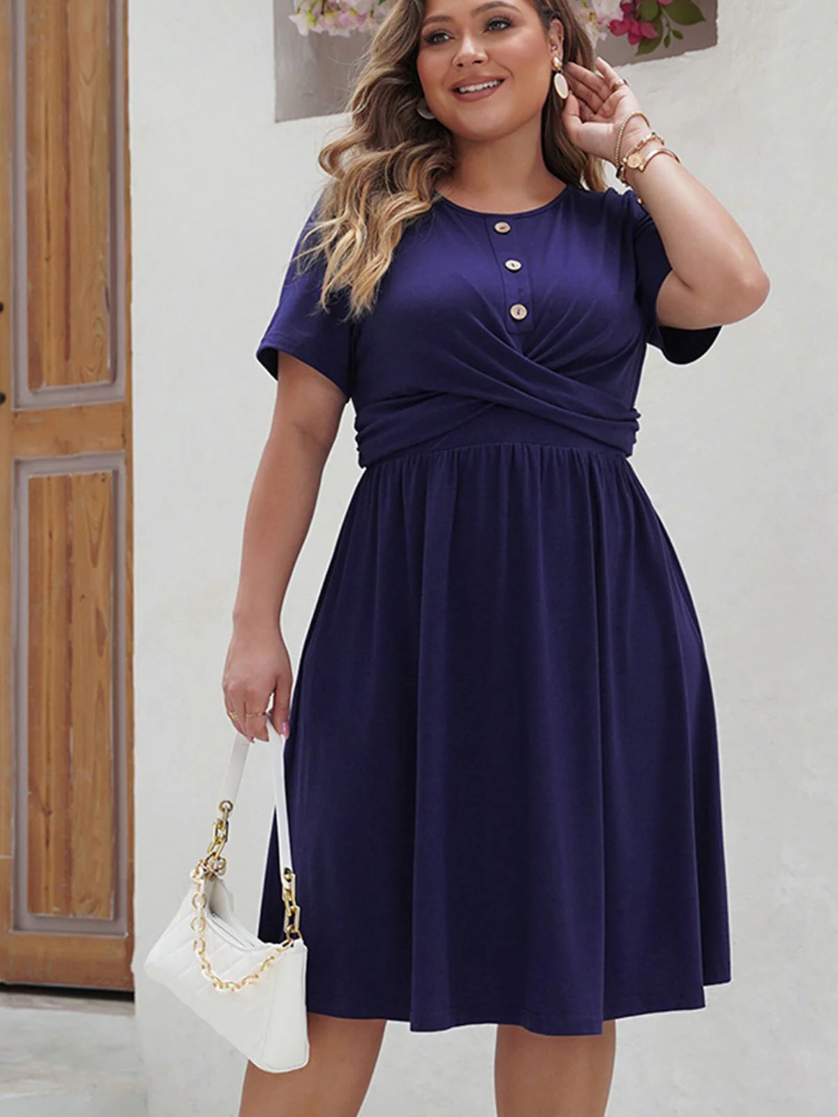 [Plus Size] Deep Blue 1950s Solid Front Cross Dress - Image 2