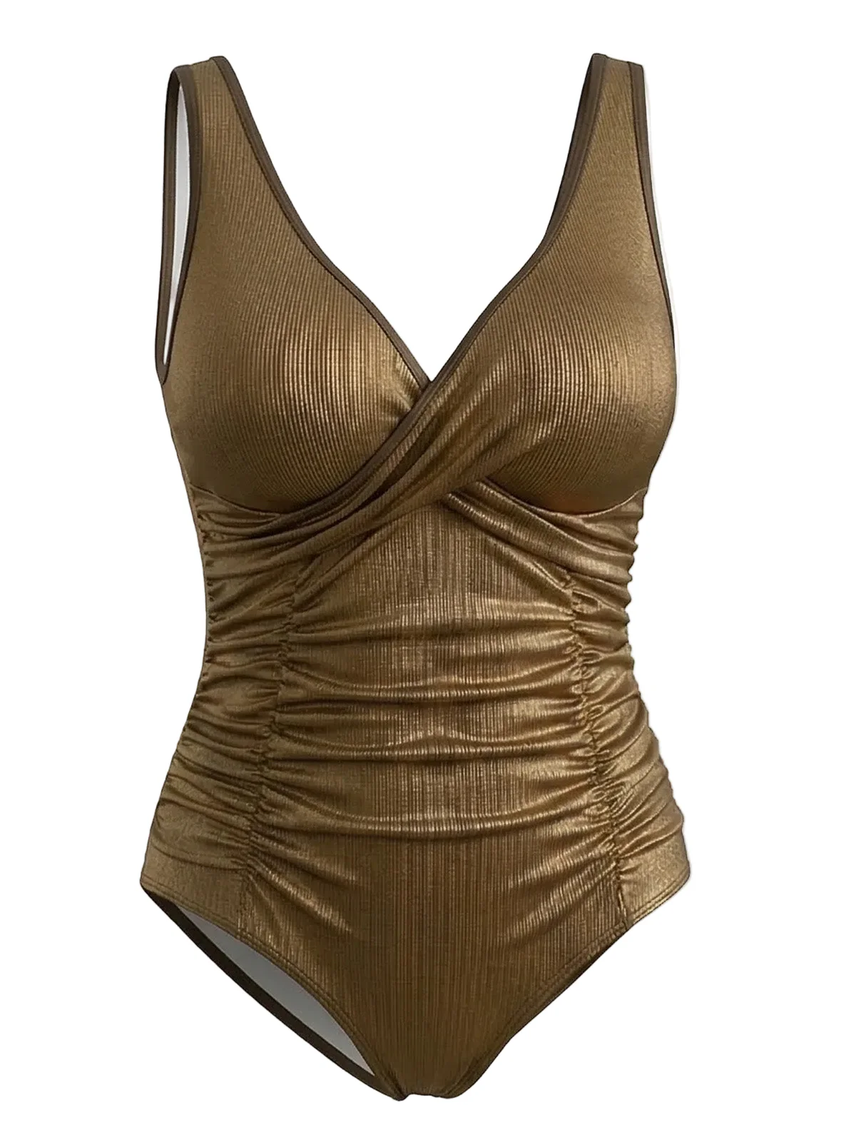 [Plus Size] Gold 1980s Solid Plunging Ruched Swimsuit