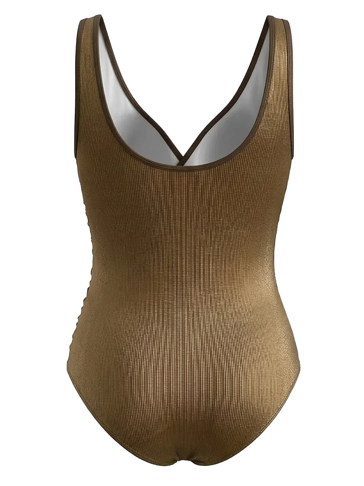 [Plus Size] Gold 1980s Solid Plunging Ruched Swimsuit - Image 2