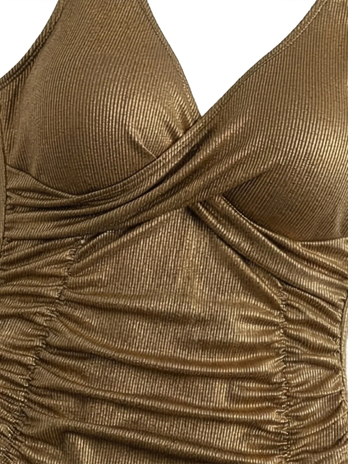 [Plus Size] Gold 1980s Solid Plunging Ruched Swimsuit - Image 3