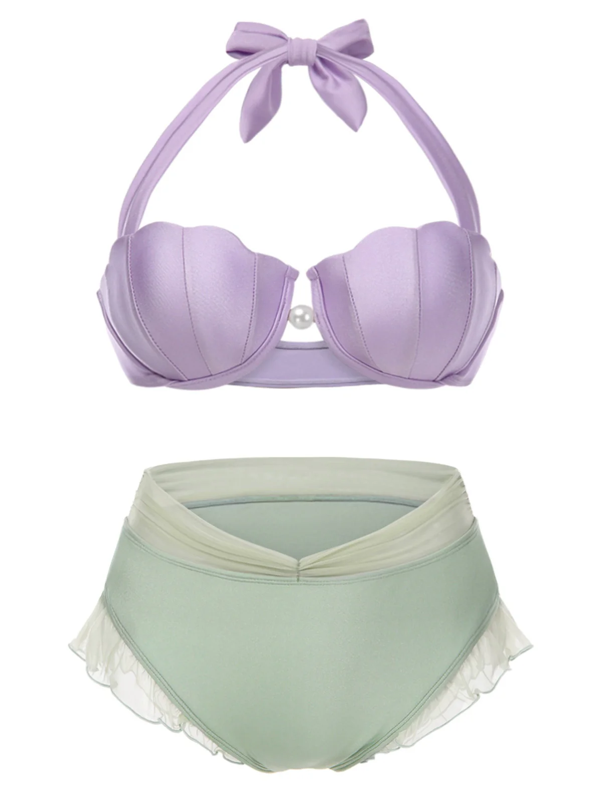 [Plus Size] Lavender 1970s Mermaid Shell Halter Bikini Set