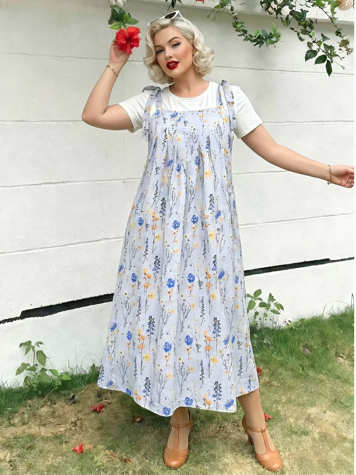 [Plus Size] Light Blue 1940s Flower Pinafore Dress
