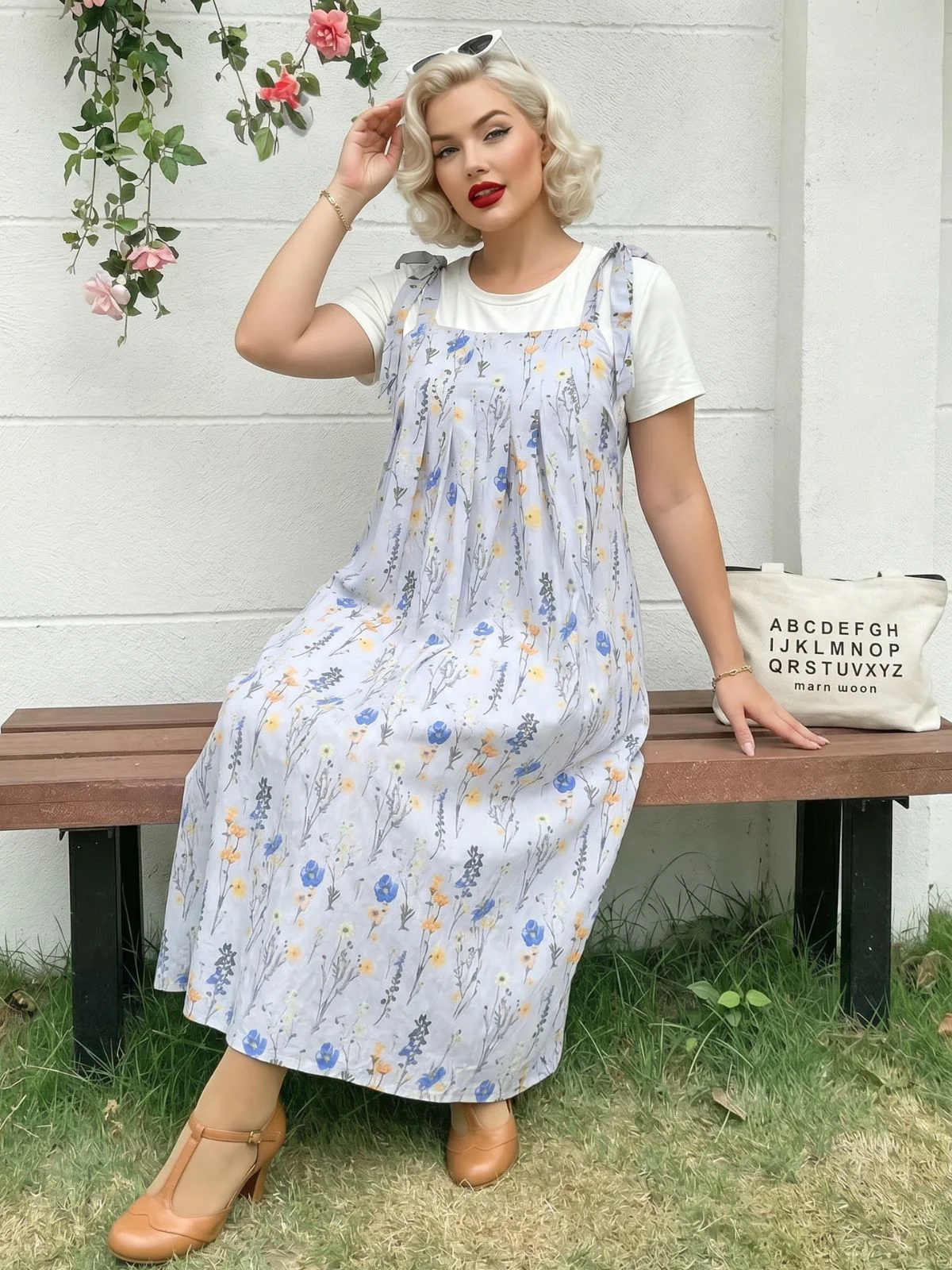 [Plus Size] Light Blue 1940s Flower Pinafore Dress - Image 2
