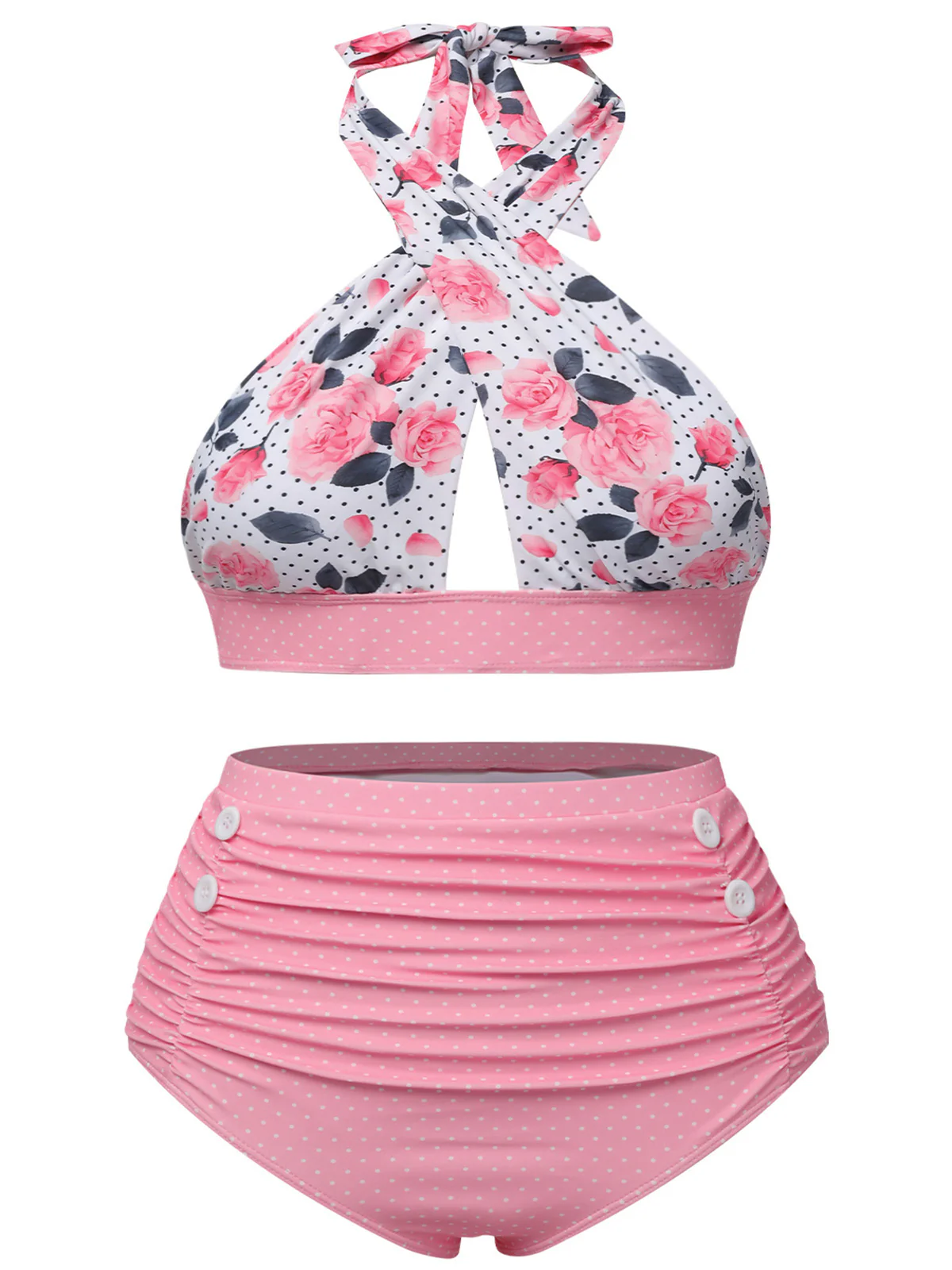[Plus Size] Pink 1940s Floral Cross Halter Swimsuit