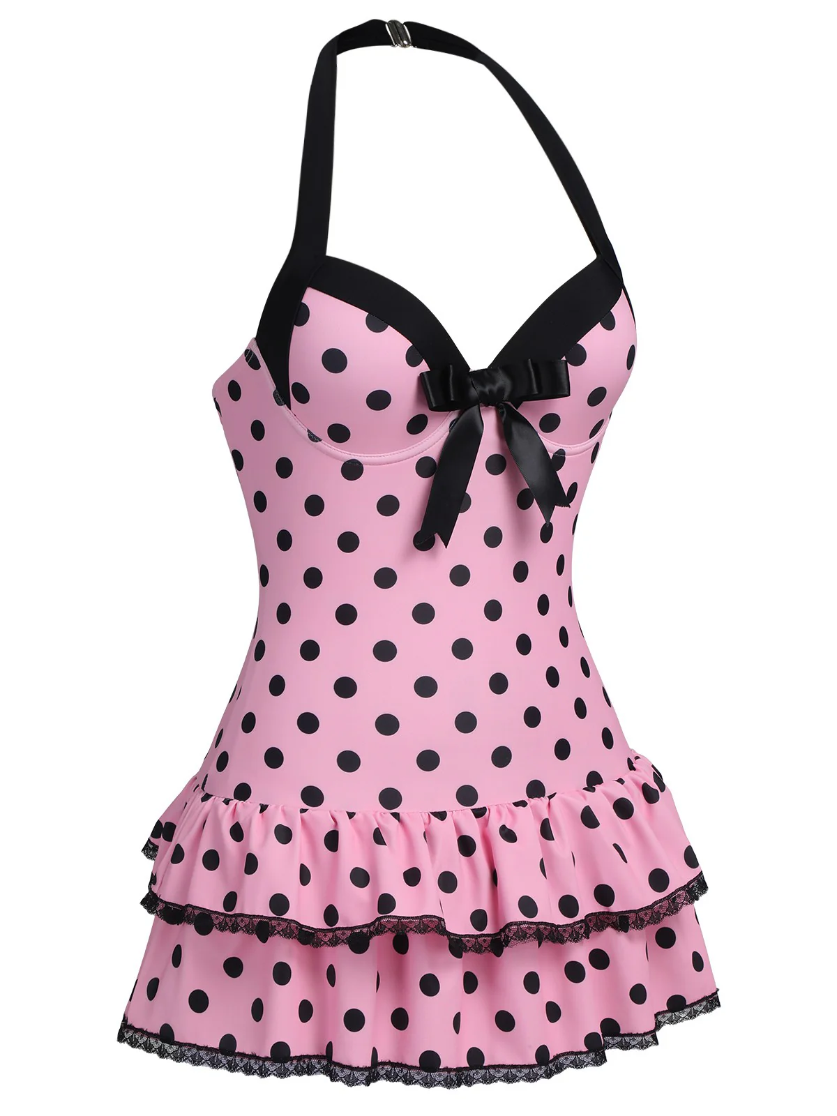 [Plus Size] Pink 1940s Polka Dots Hater Swimsuit - Image 3