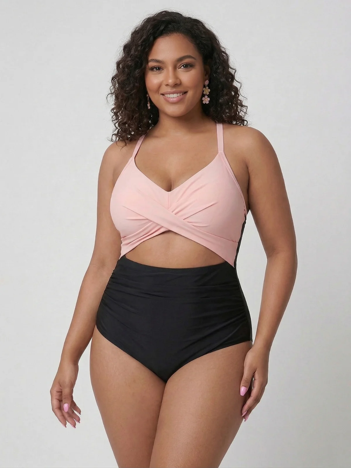 [Plus Size] Pink & Black 1940s Hollow Waist Patchwork Swimsuit