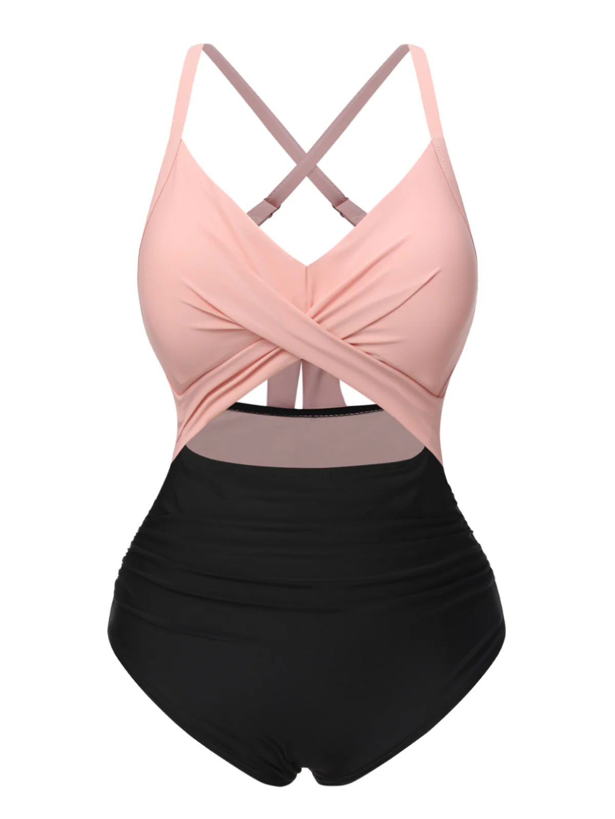 [Plus Size] Pink & Black 1940s Hollow Waist Patchwork Swimsuit - Image 2