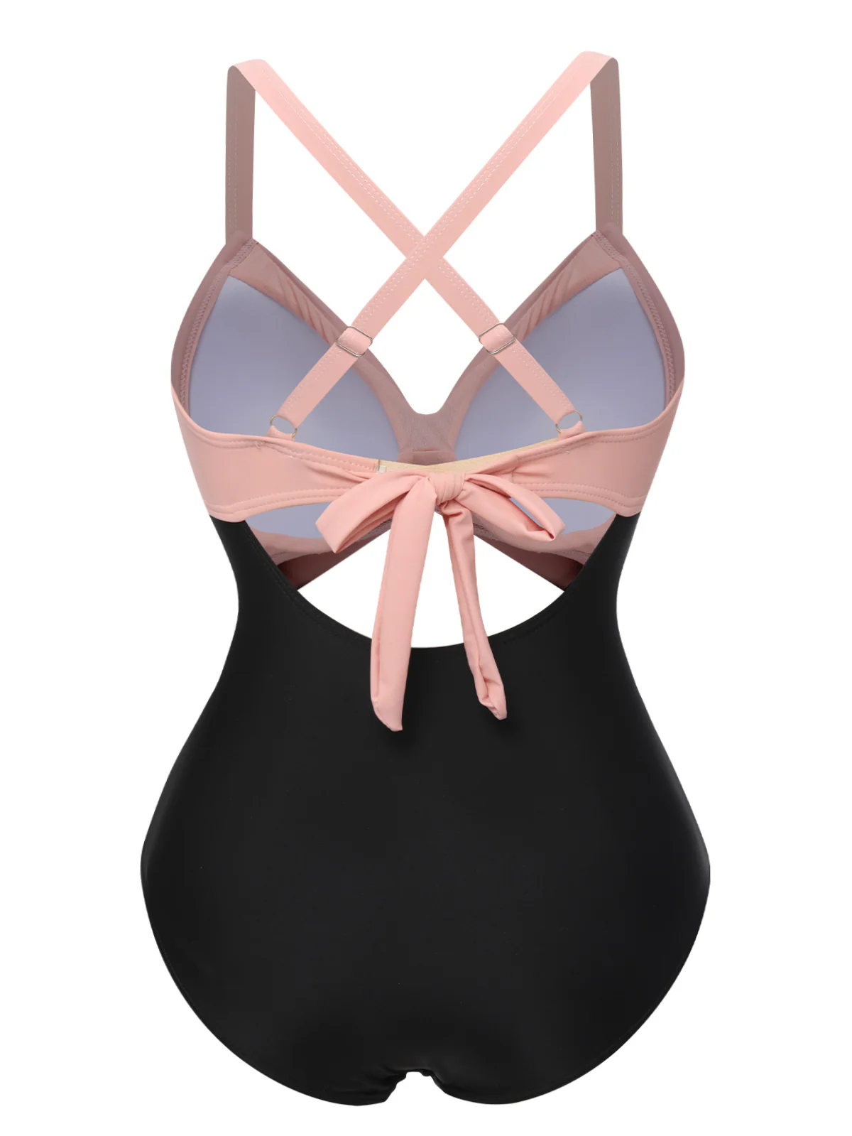 [Plus Size] Pink & Black 1940s Hollow Waist Patchwork Swimsuit - Image 3