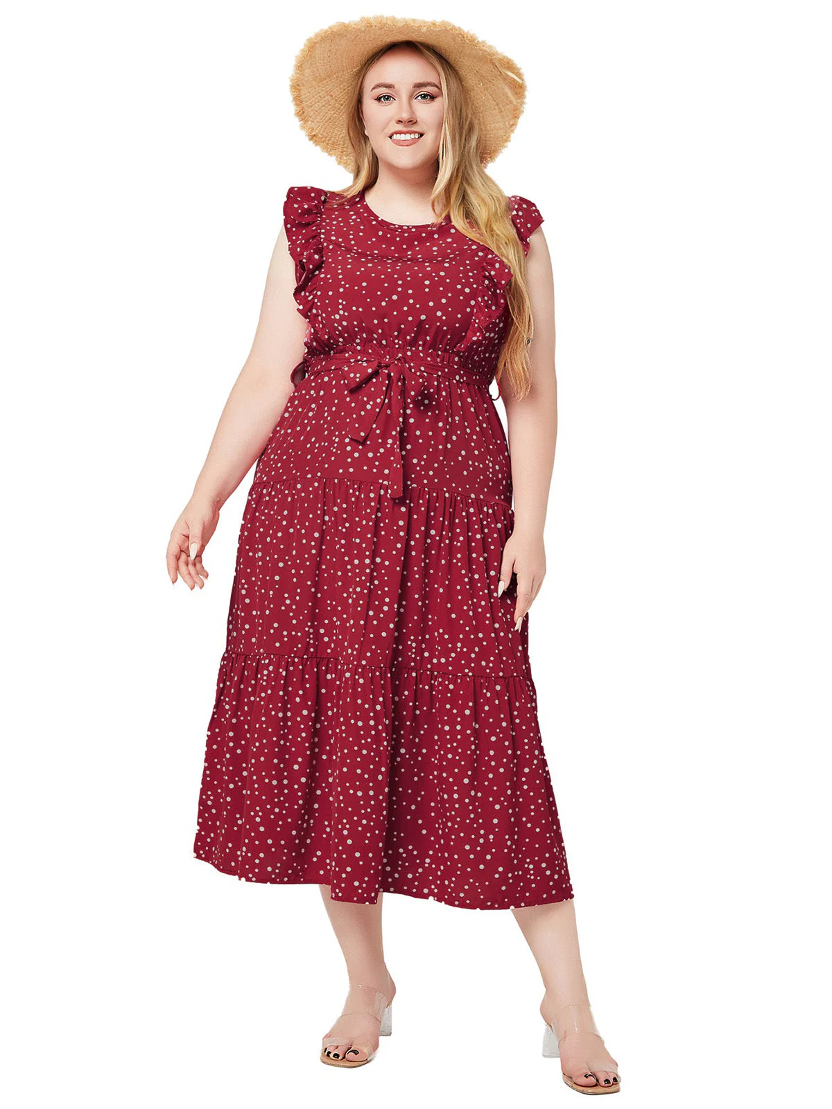 [Plus Size] Red 1940s Ruffle Polka Dot Swing Dress - Image 2