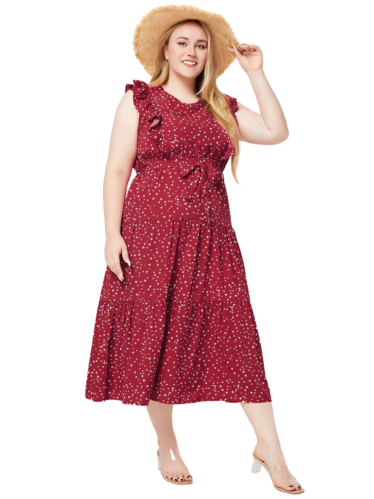 [Plus Size] Red 1940s Ruffle Polka Dot Swing Dress - Image 3