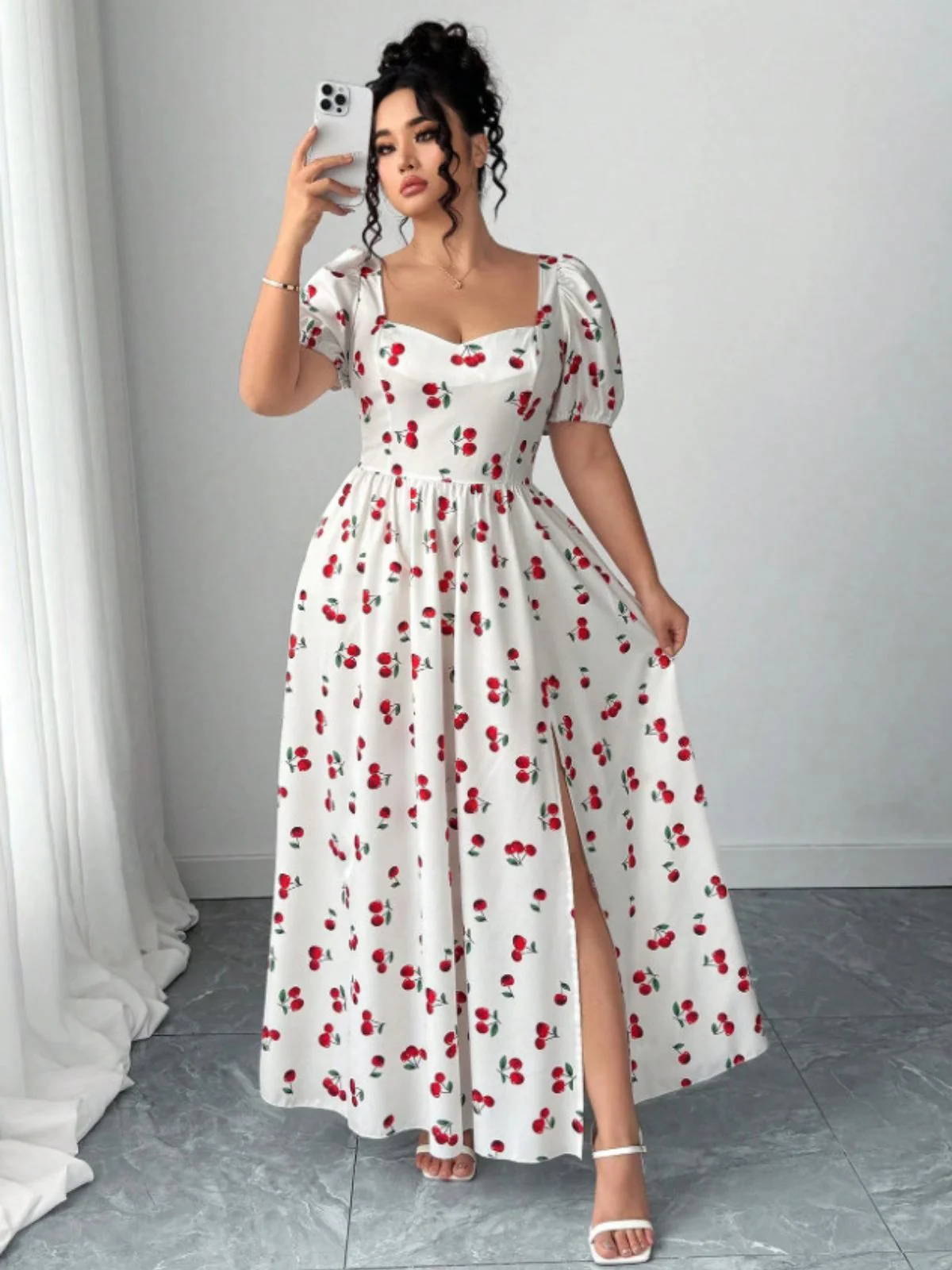 [Plus Size] White 1940s Cherry Print Slit Maxi Dress