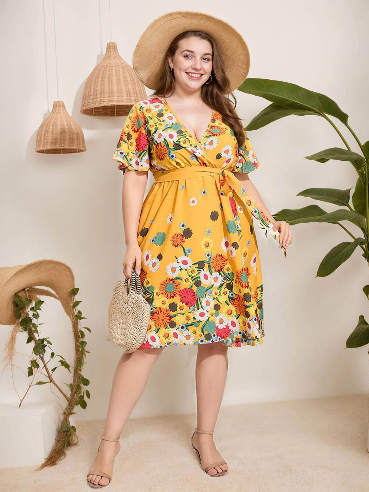 [Plus Size] Yellow 1950s V-Neck Belted Floral Dress - Image 2