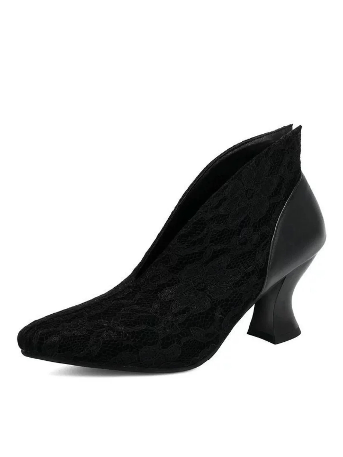 Pointed Toe V-Cut Vamp Lace Kitten Heel Pumps