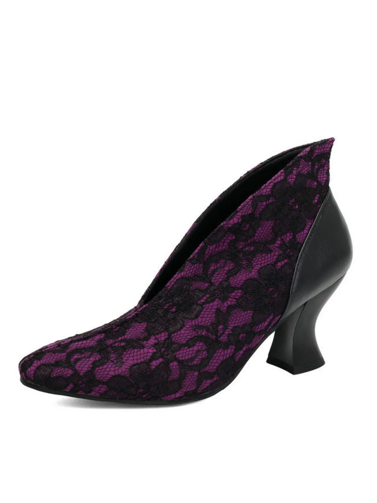 Pointed Toe V-Cut Vamp Lace Kitten Heel Pumps - Image 6