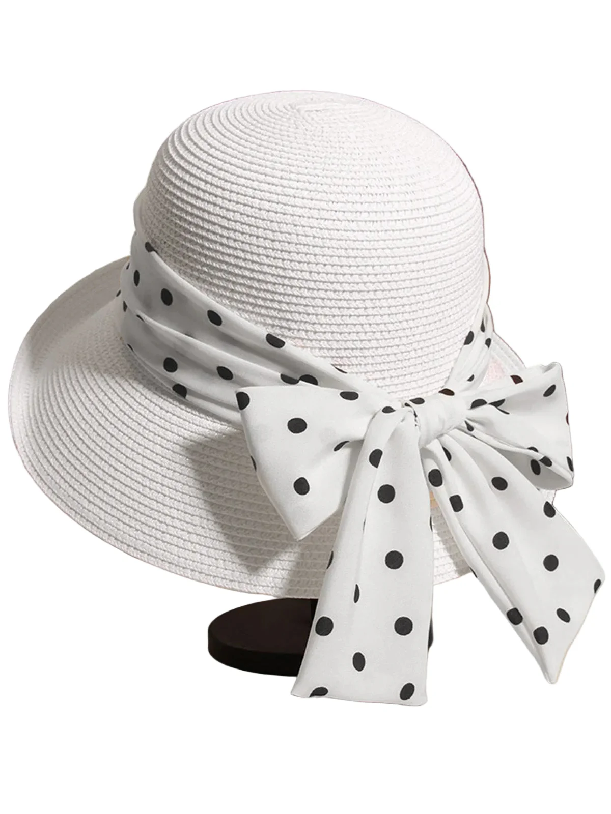 Polka Dot Ribbon Bow Tie Straw Hat