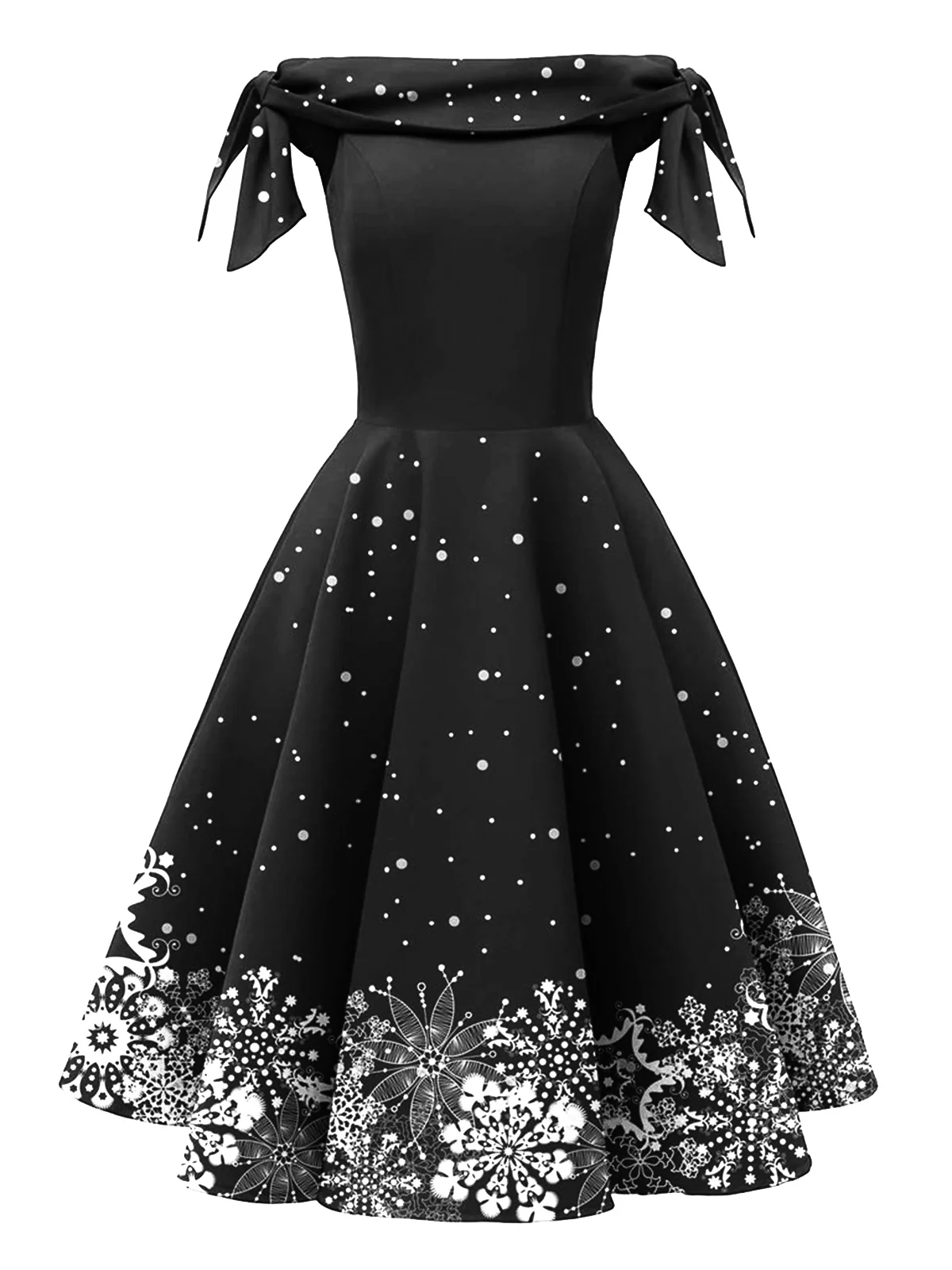 Red 1950s Off-shoulder Snowflake Dress - Image 6