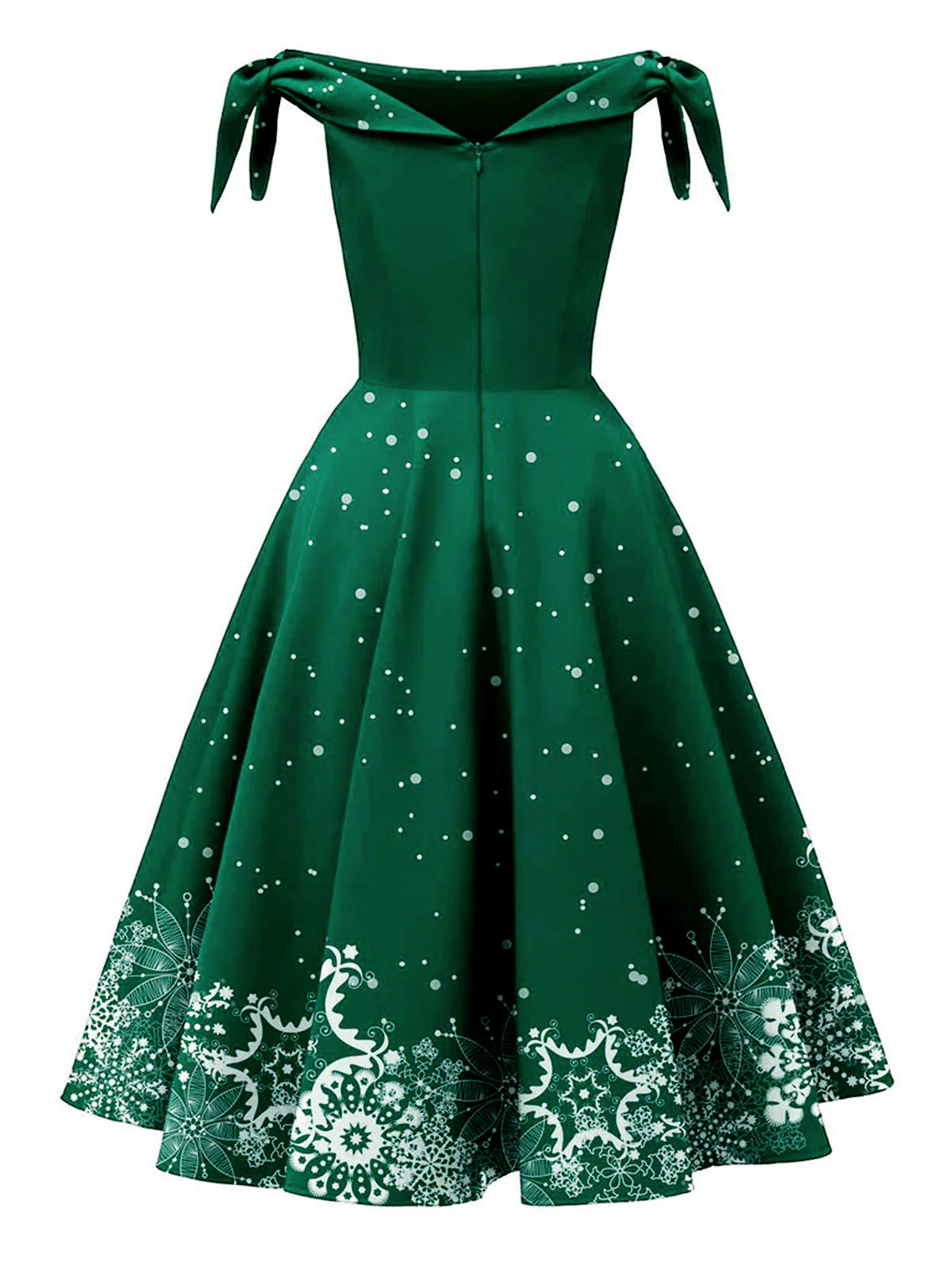 Green 1950s Christmas Snowflake Off-Shoulder Dress - Image 2