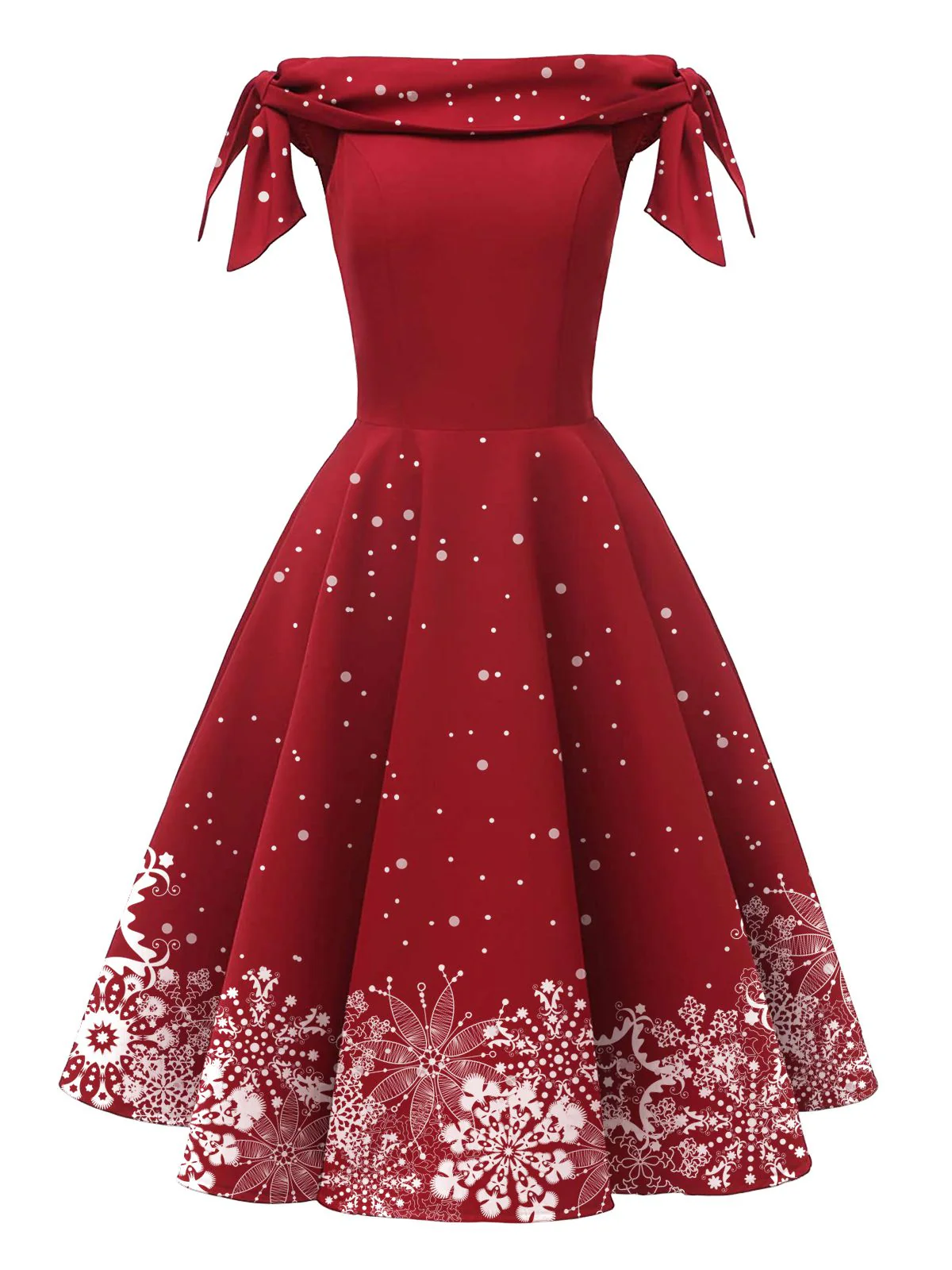 Green 1950s Christmas Snowflake Off-Shoulder Dress - Image 3