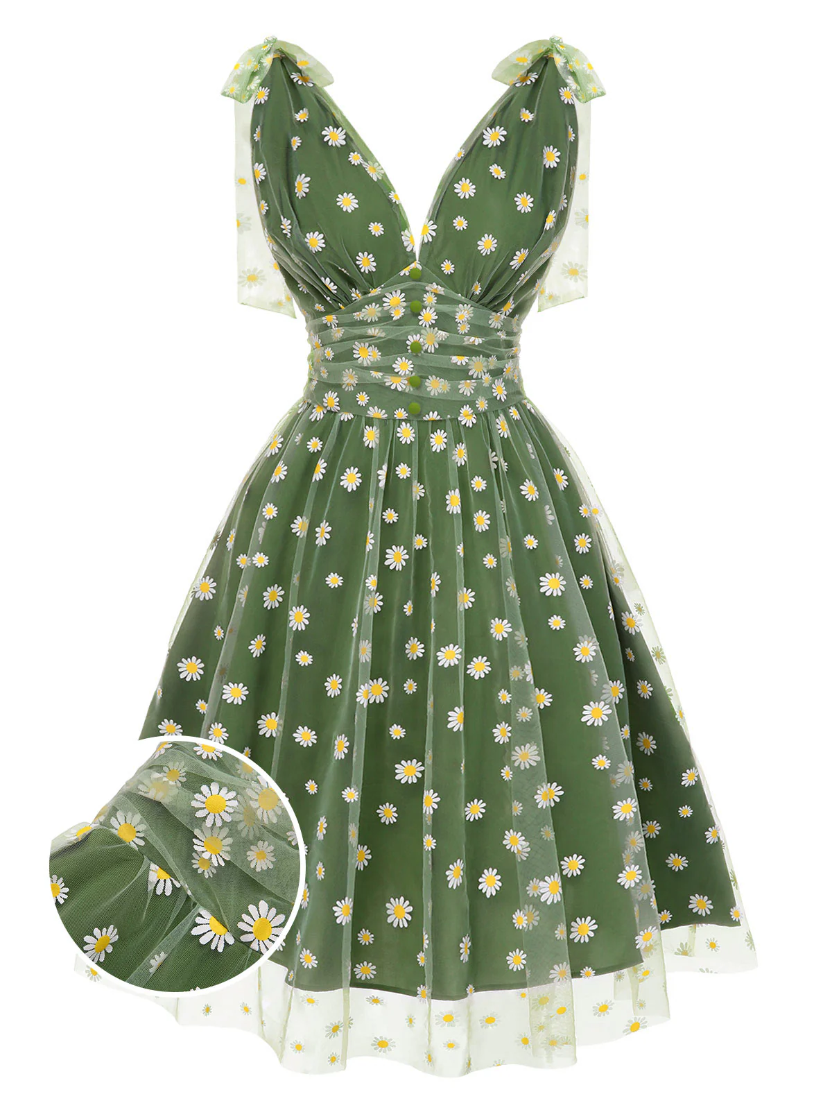 Green 1950s Daisy Mesh Swing Dress - Image 2