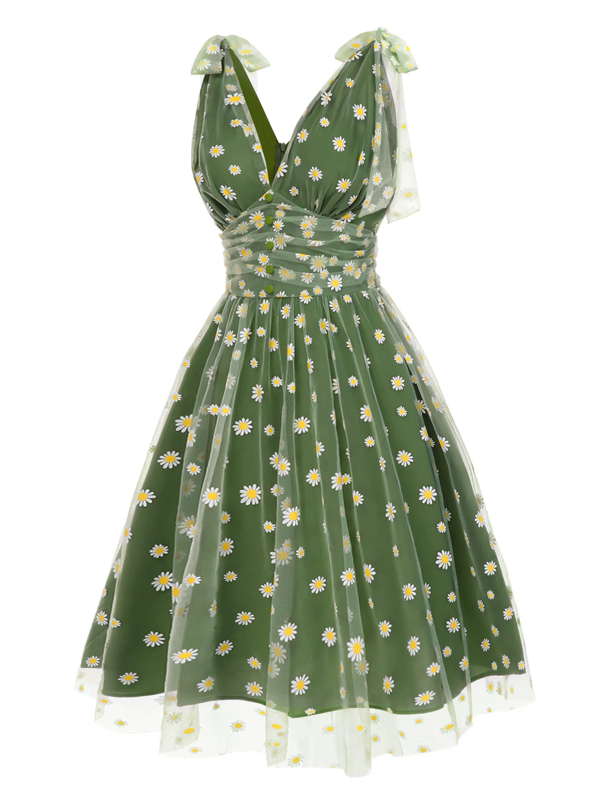 Green 1950s Daisy Mesh Swing Dress - Image 4