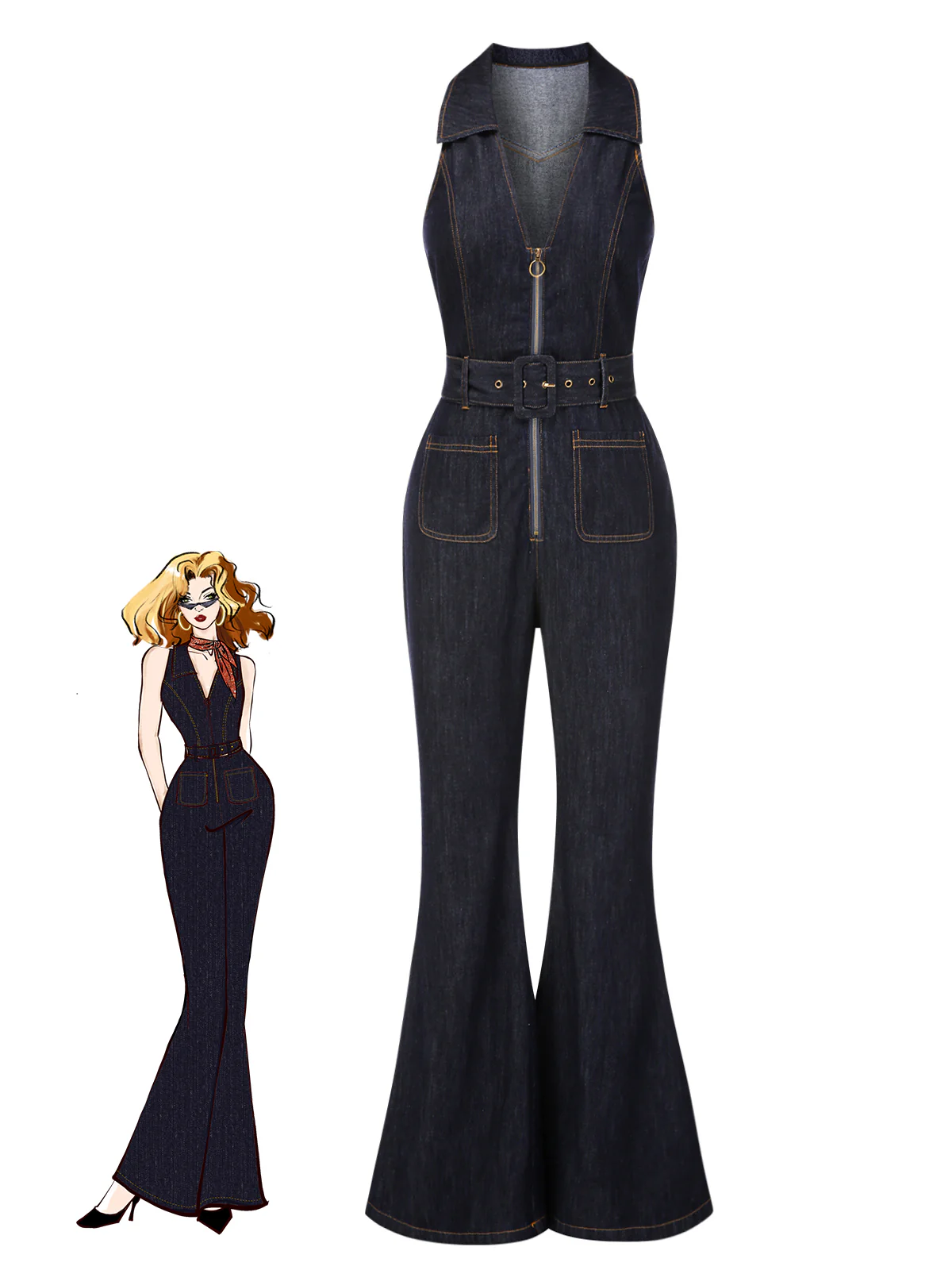 Blue 1970s Denim Collar Belted Flared Jumpsuit