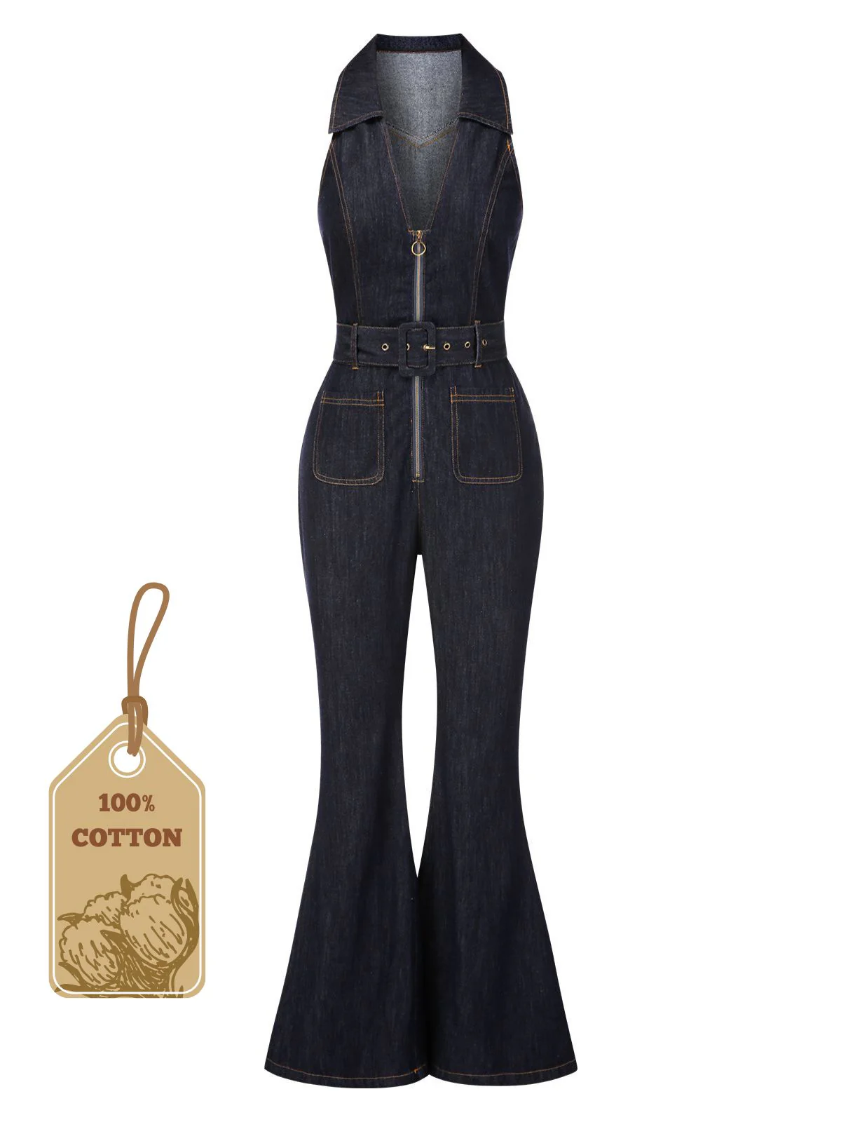 Blue 1970s Denim Collar Belted Flared Jumpsuit - Image 3