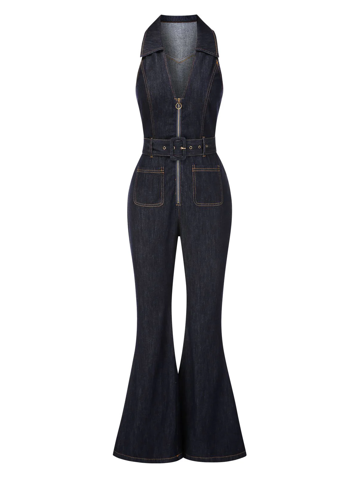 Blue 1970s Denim Collar Belted Flared Jumpsuit - Image 4