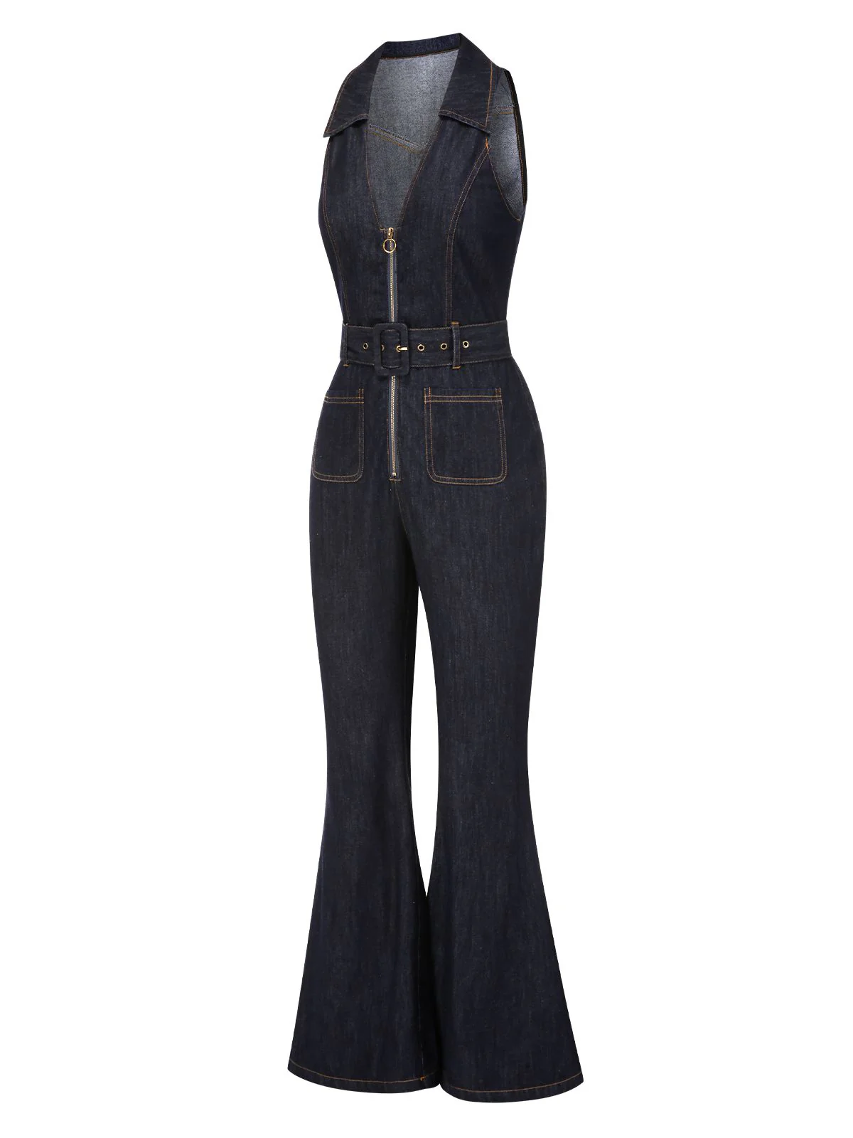 Blue 1970s Denim Collar Belted Flared Jumpsuit - Image 5