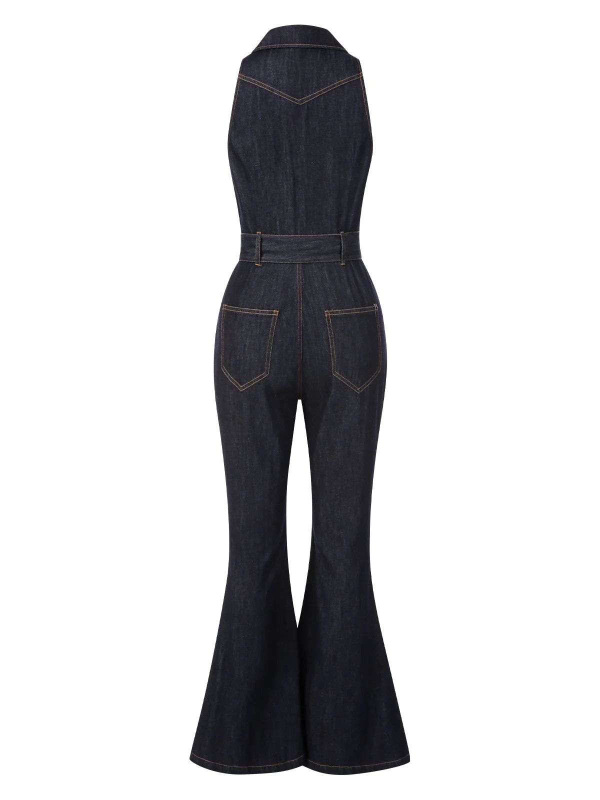 Blue 1970s Denim Collar Belted Flared Jumpsuit - Image 6
