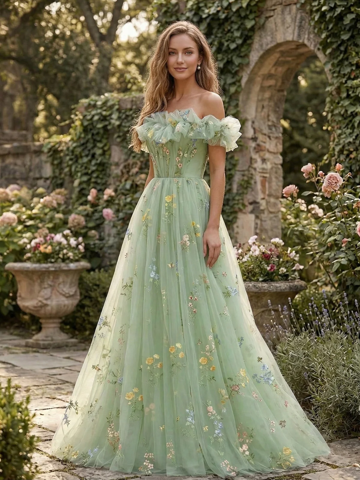 Green 1930s Floral Embroidered Mesh Strapless Dress