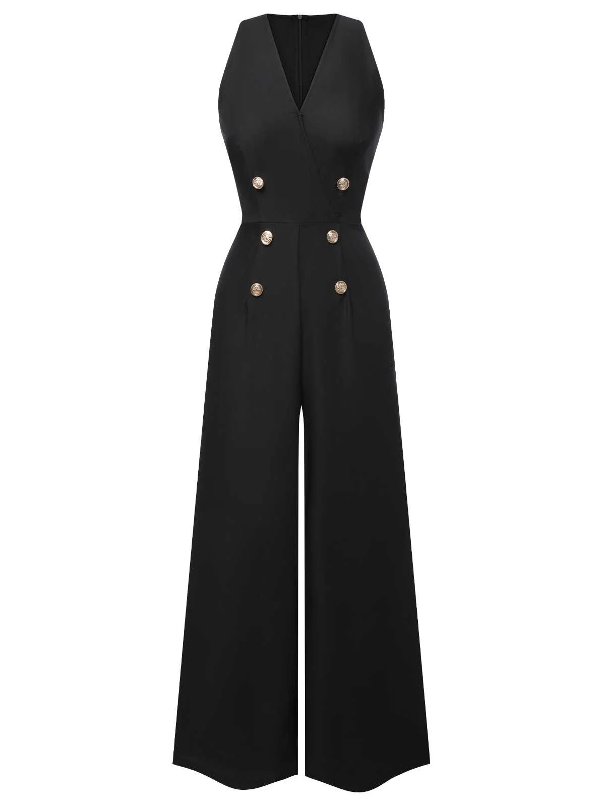 Green 1950s Sleeveless Buttoned Solid Jumpsuit - Image 5