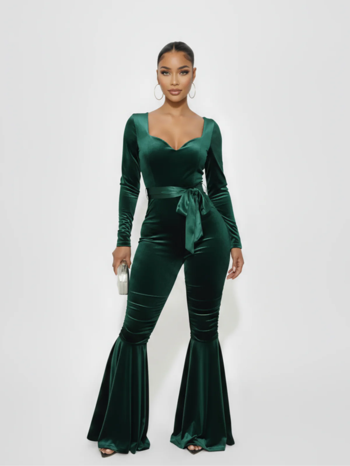 Green 1970s Sweetheart Flare Leg Velvet Jumpsuit