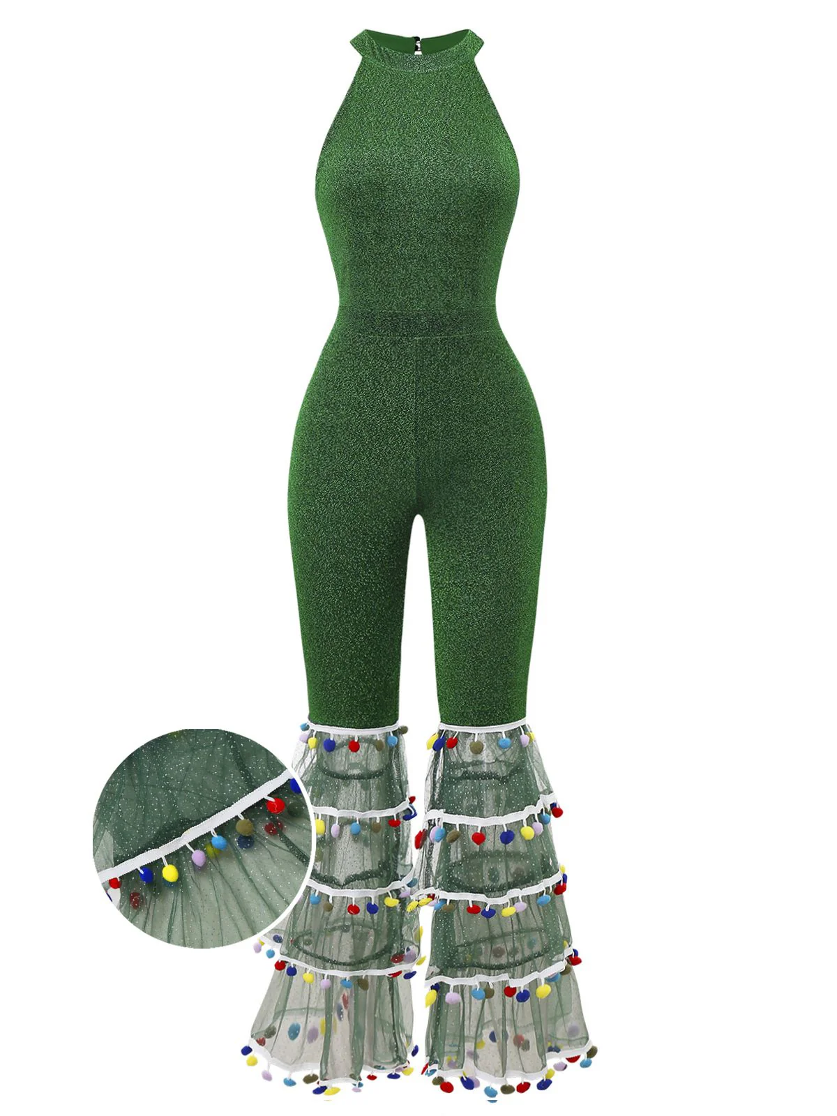 Green 1980s Solid Sparkly Mock Mesh Jumpsuit