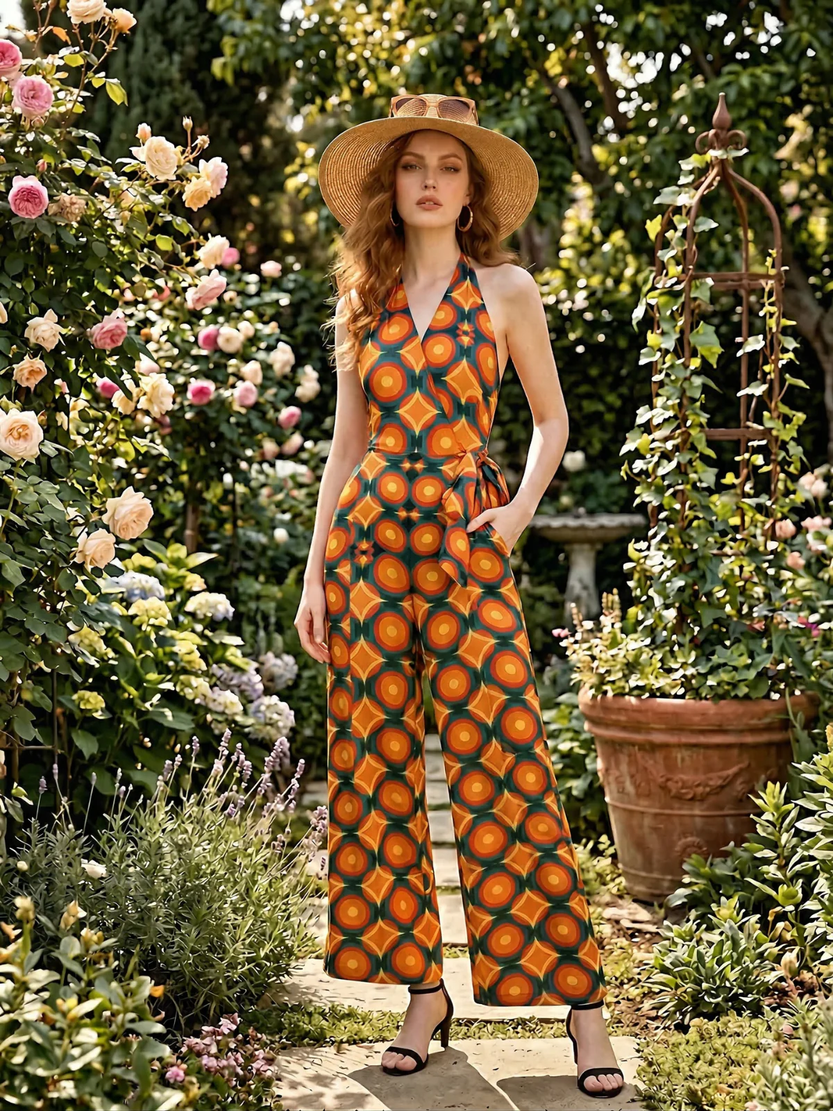 Orange 1970s Halter Geometric Print Jumpsuit