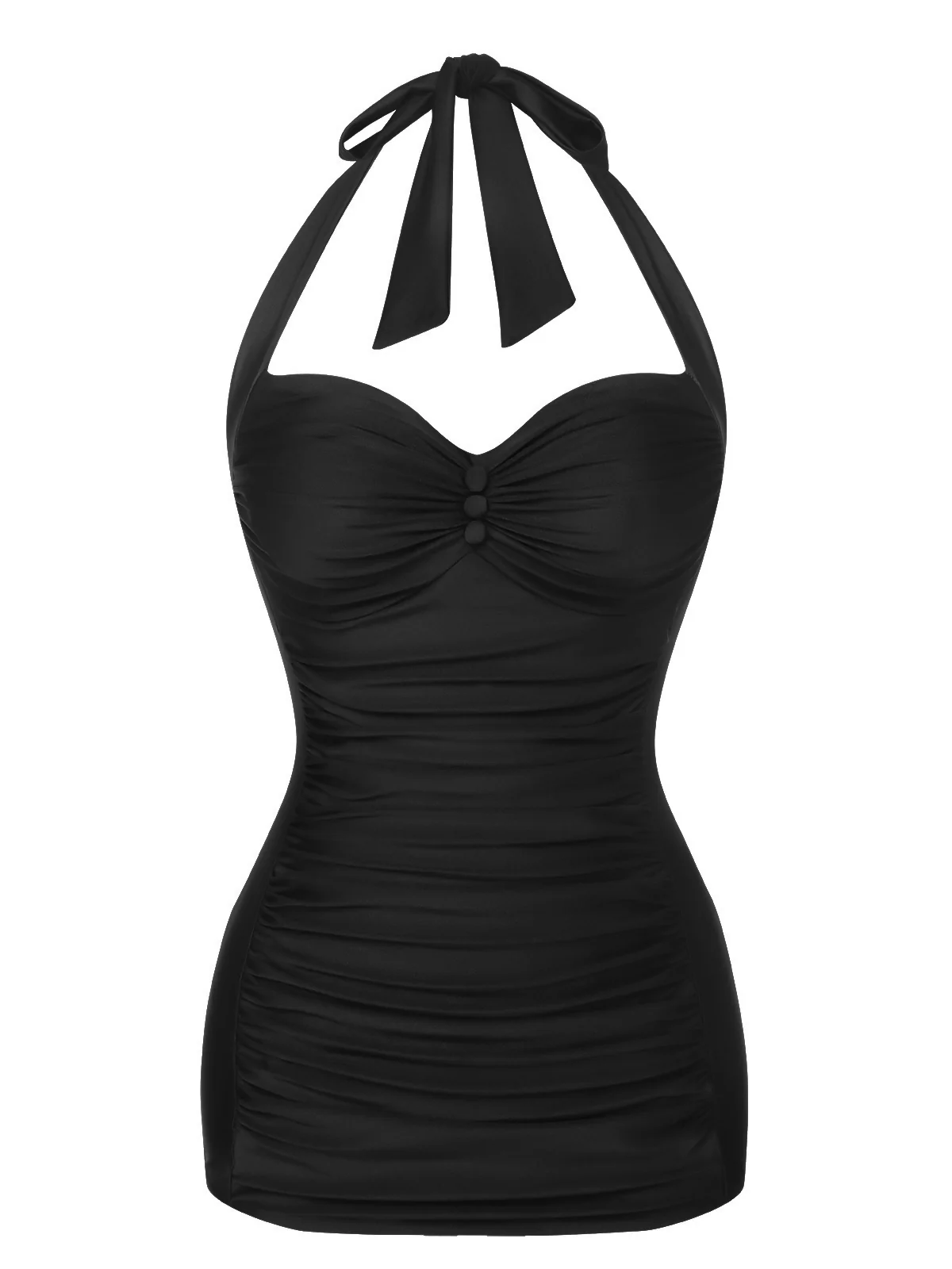 Black 1950s Solid Gathered Halter Swimsuit - Image 2