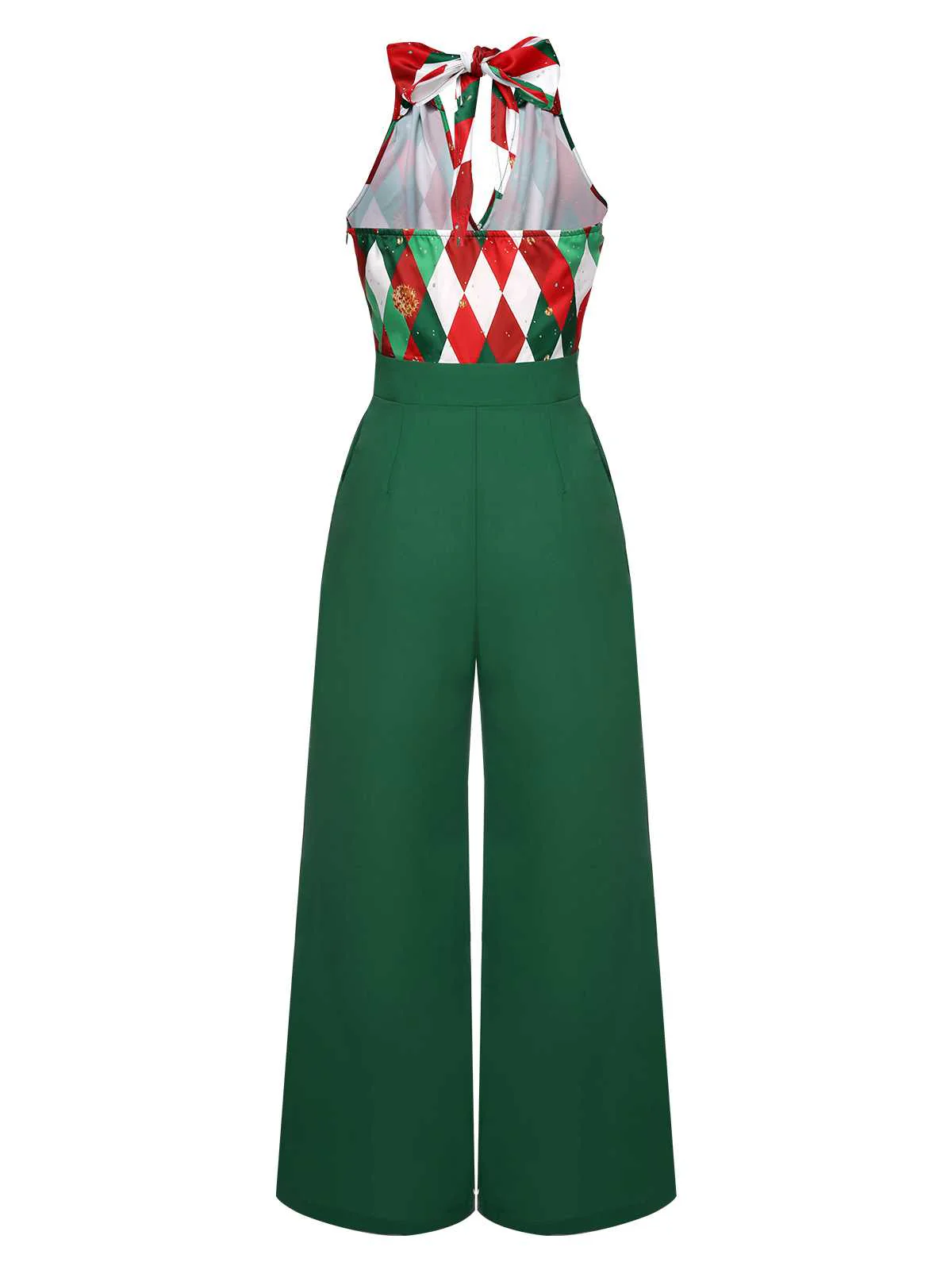 Green 1930s Christmas Plaid Lace Patchwork Jumpsuit - Image 5