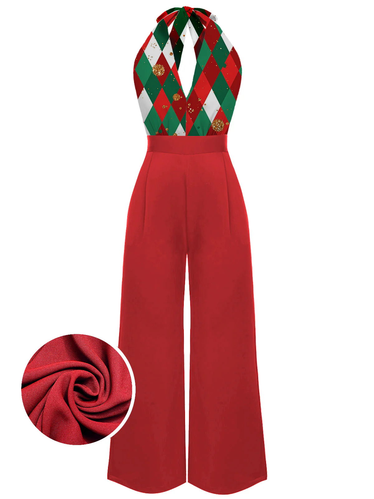 Green 1930s Christmas Plaid Lace Patchwork Jumpsuit - Image 9