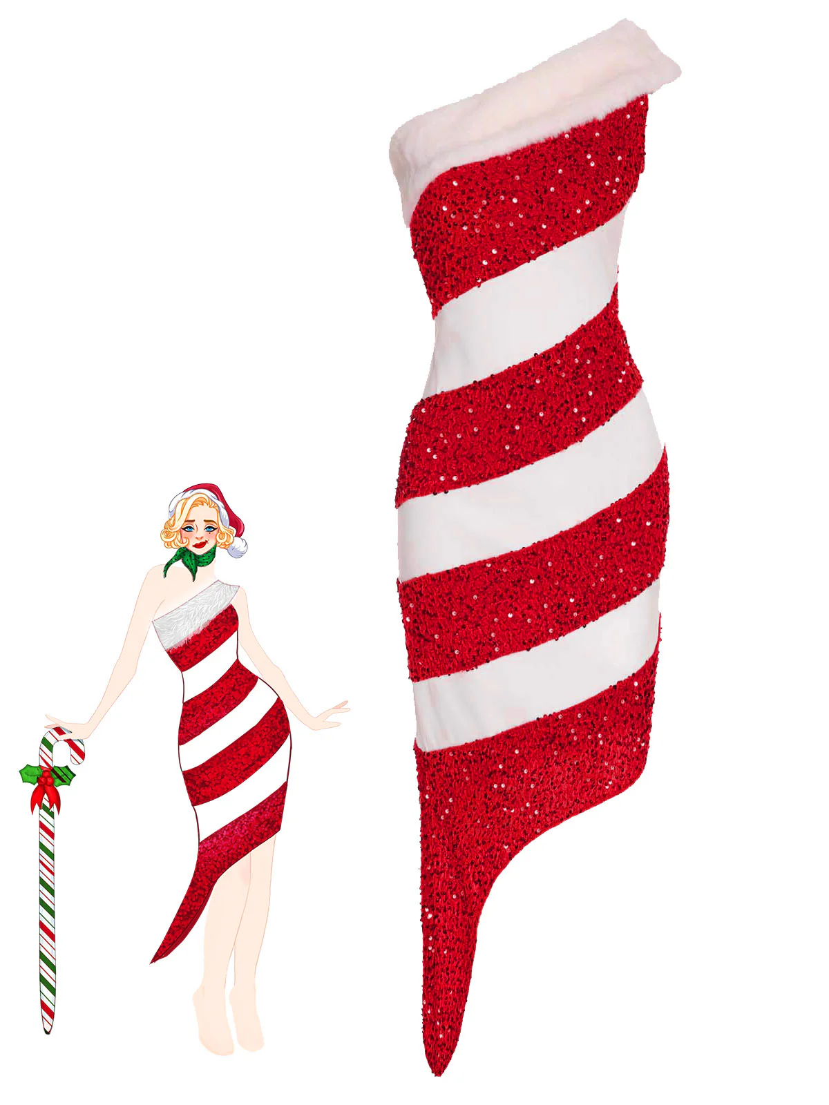 Red 1960s Candy Cane One-Shoulder Dress - Image 2