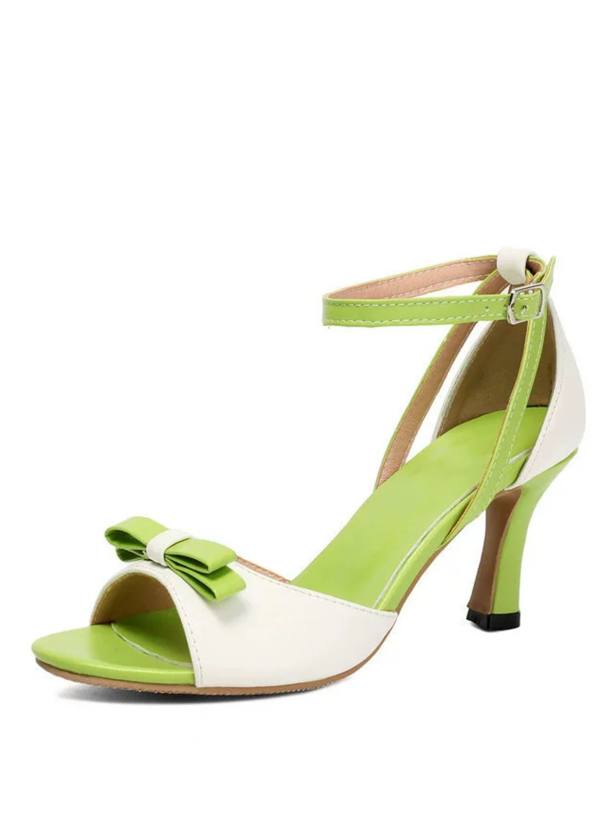PU ColorBlock Bow Buckle Kitten Heel Sandals - Image 10