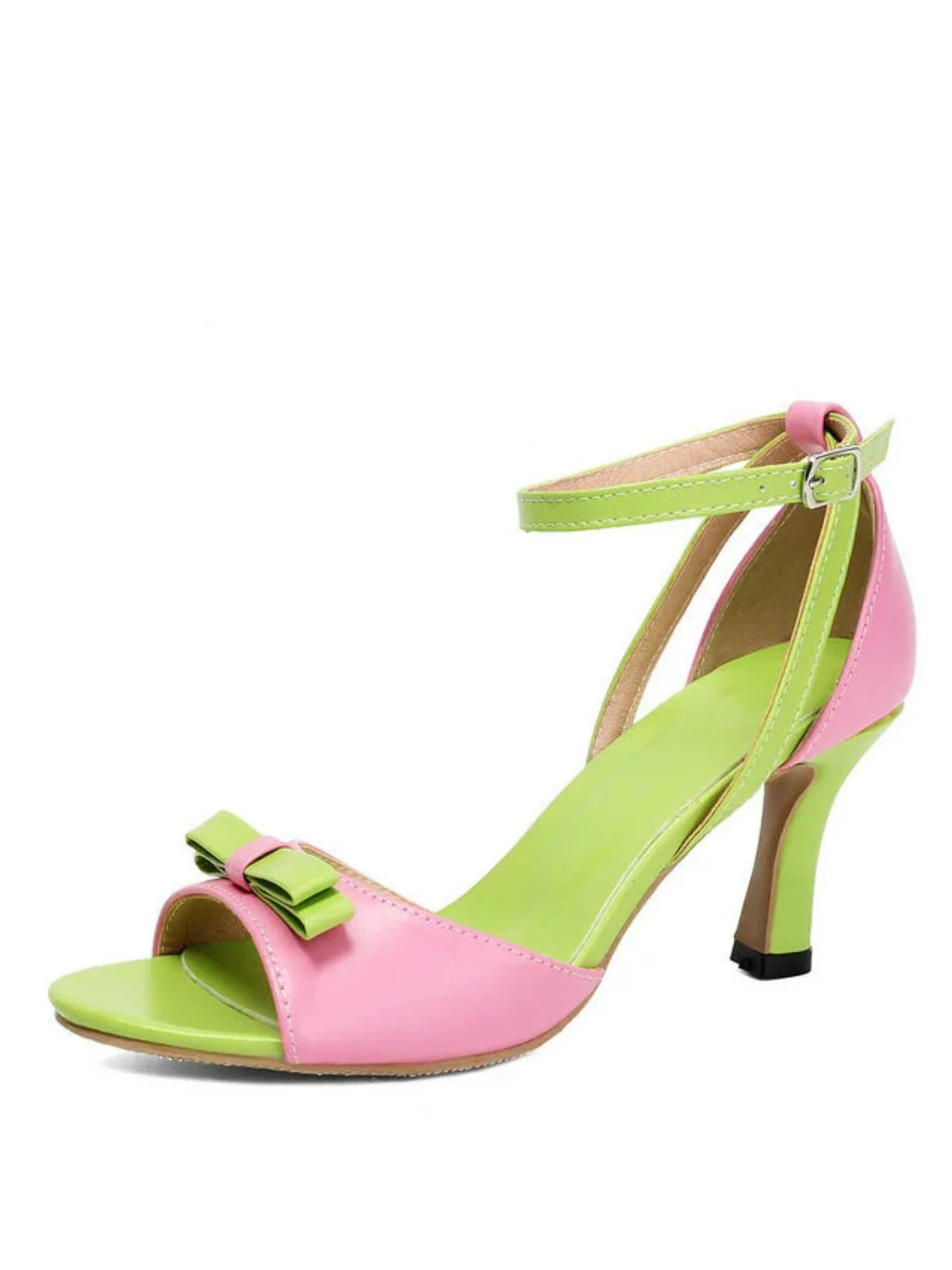 PU ColorBlock Bow Buckle Kitten Heel Sandals - Image 4