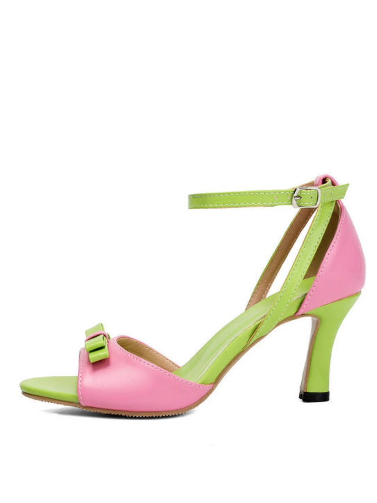 PU ColorBlock Bow Buckle Kitten Heel Sandals - Image 5