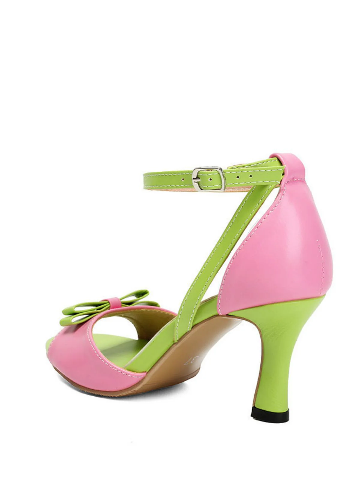 PU ColorBlock Bow Buckle Kitten Heel Sandals - Image 6