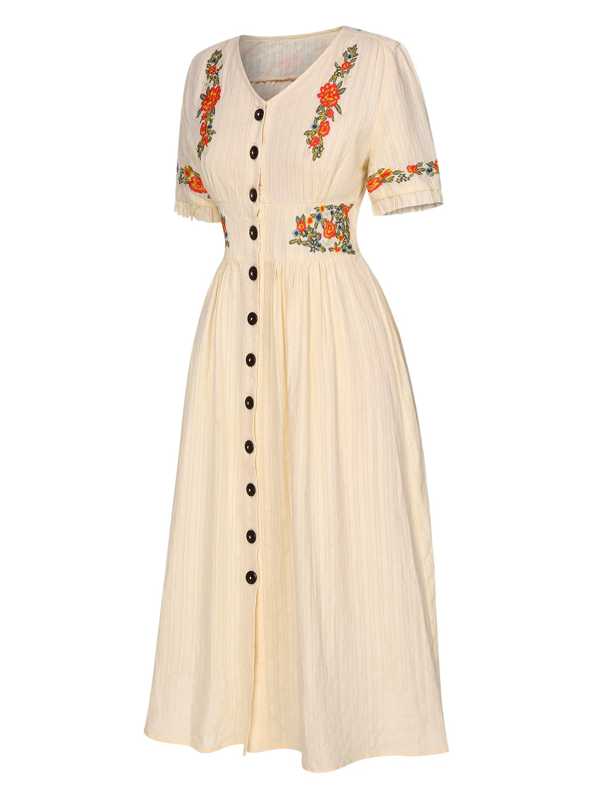 Pure Cotton Beige 1940s V-Neck Floral Dress - Image 4
