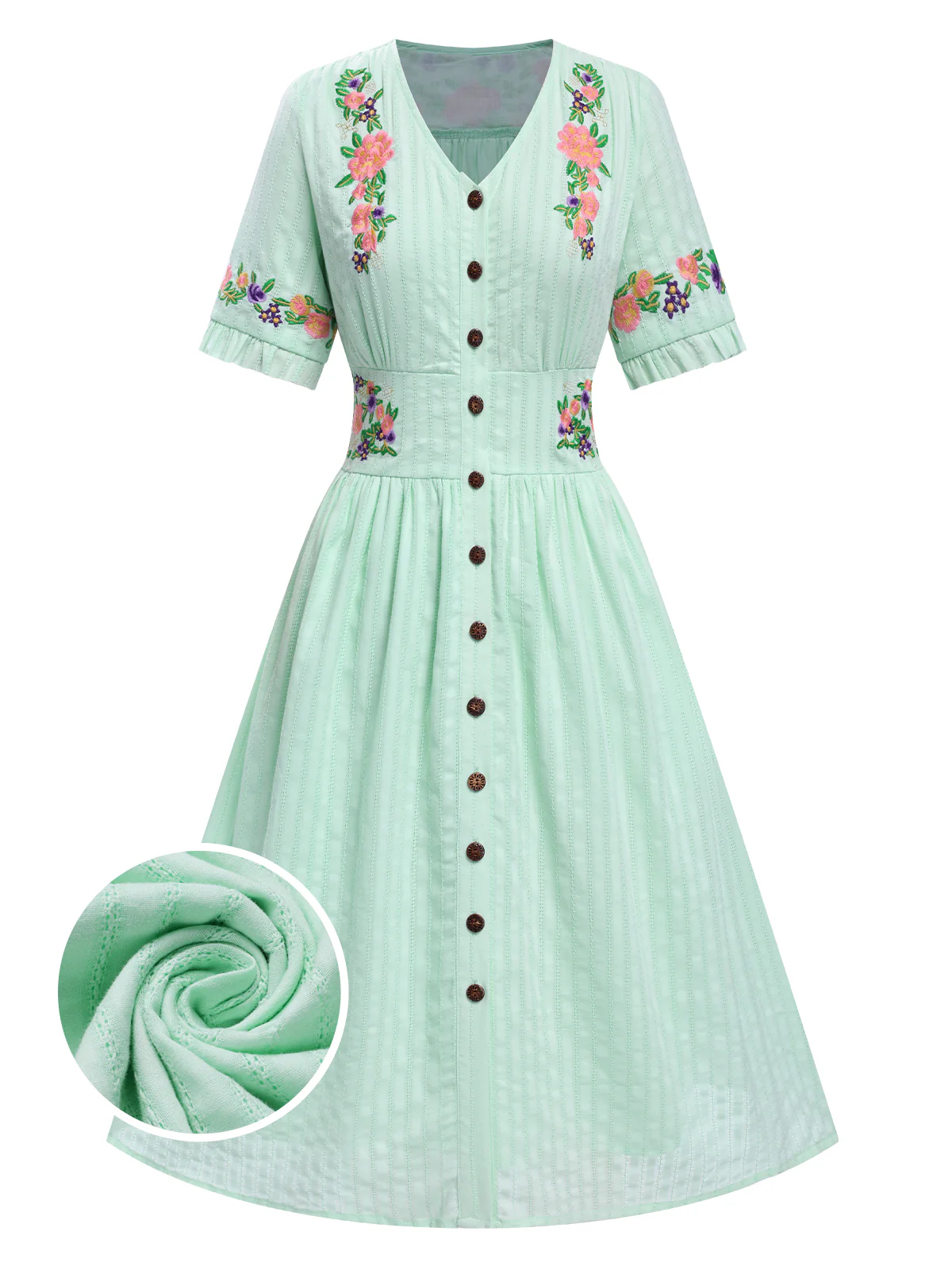 Pure Cotton Beige 1940s V-Neck Floral Dress - Image 6