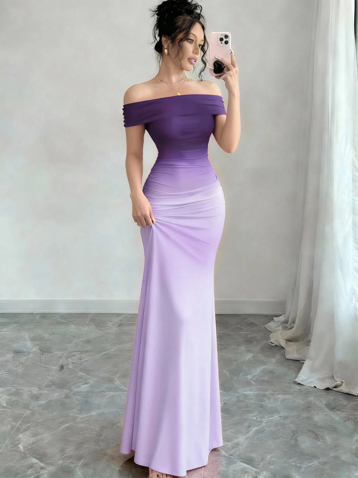 Purple 1930s Ombre Off-Shoulder Backless Maxi Dress - Image 2