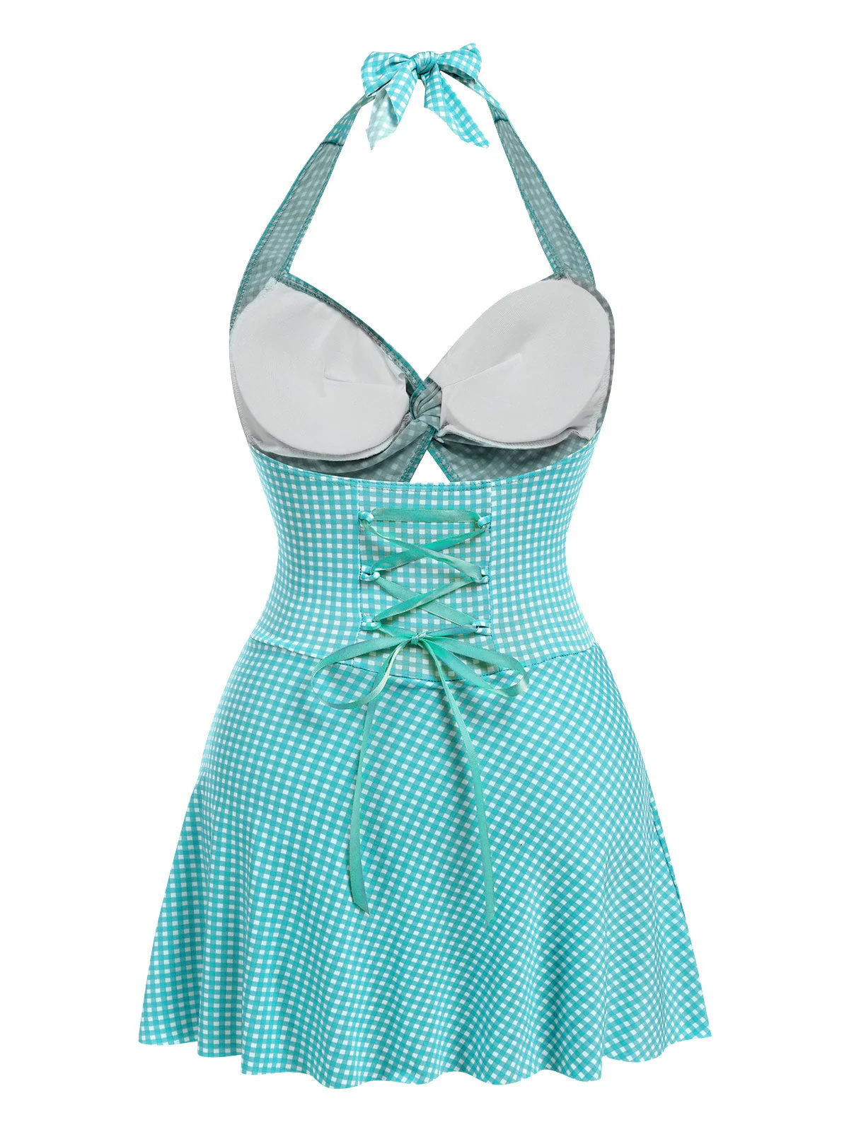 Blue Green 1930s Plaid Halter One-Piece Swimsuit - Image 2