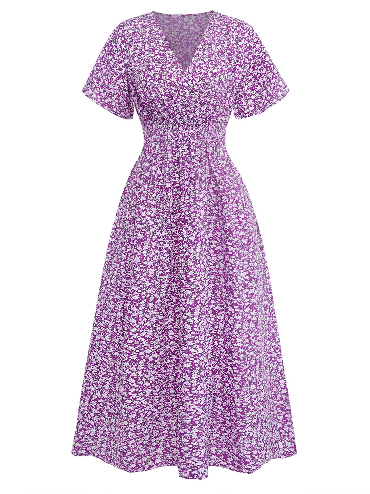 Purple 1940s Ditsy Floral Short Sleeves Fitted Midi Dress - Image 2