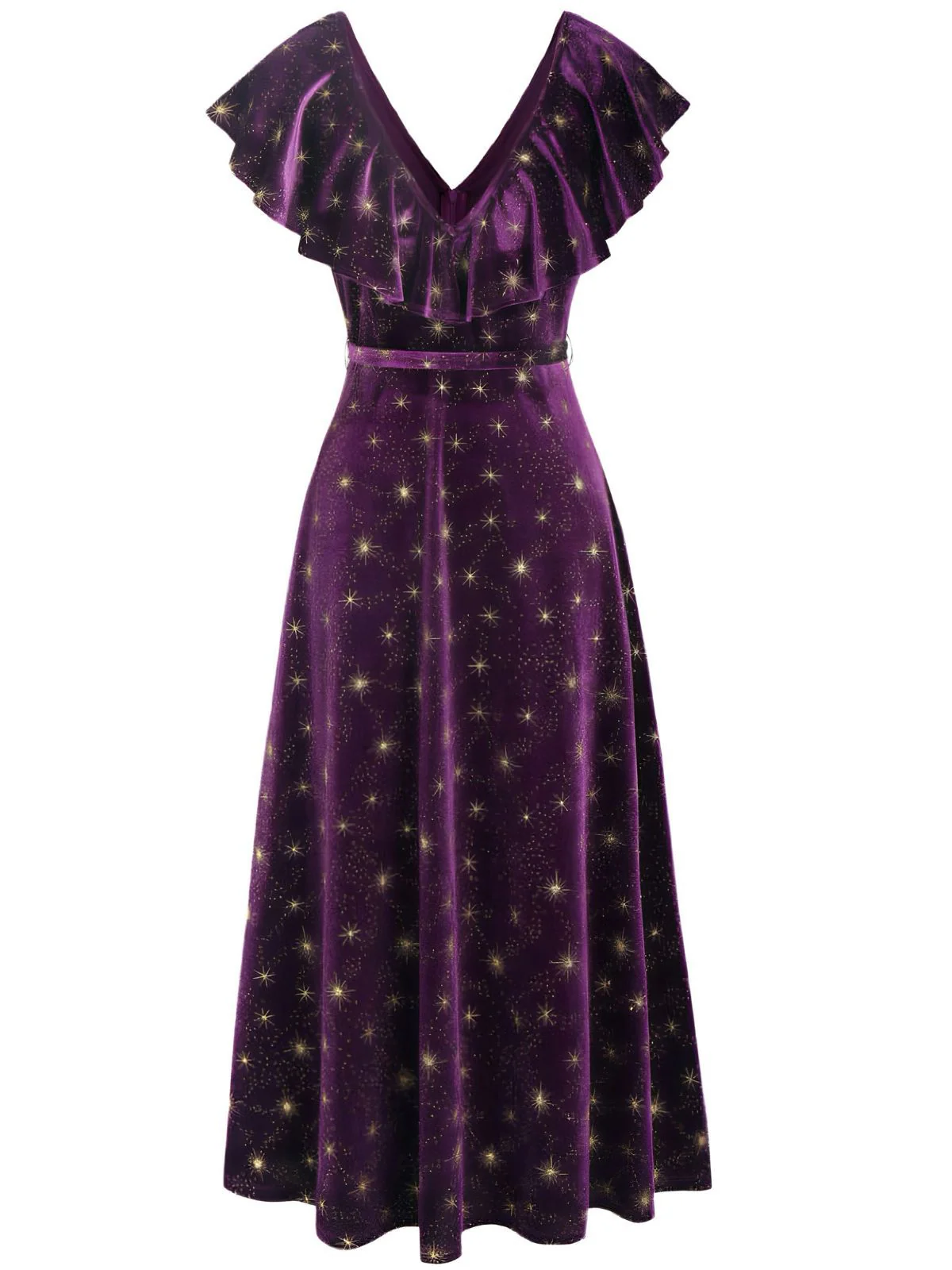 Purple 1940s Velvet V-Neck Star Ruffle Dress